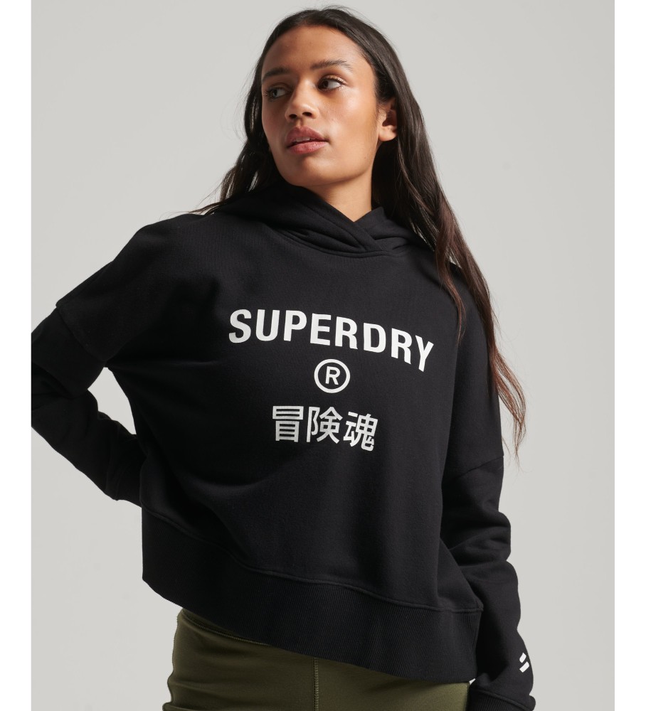 Superdry für Damen. W2011829A Core Sport kurzes quadratisch geschnittenes Sweatshirt mit Kapuze schwarz (XS), Lässig, Baumwolle, Langarm
