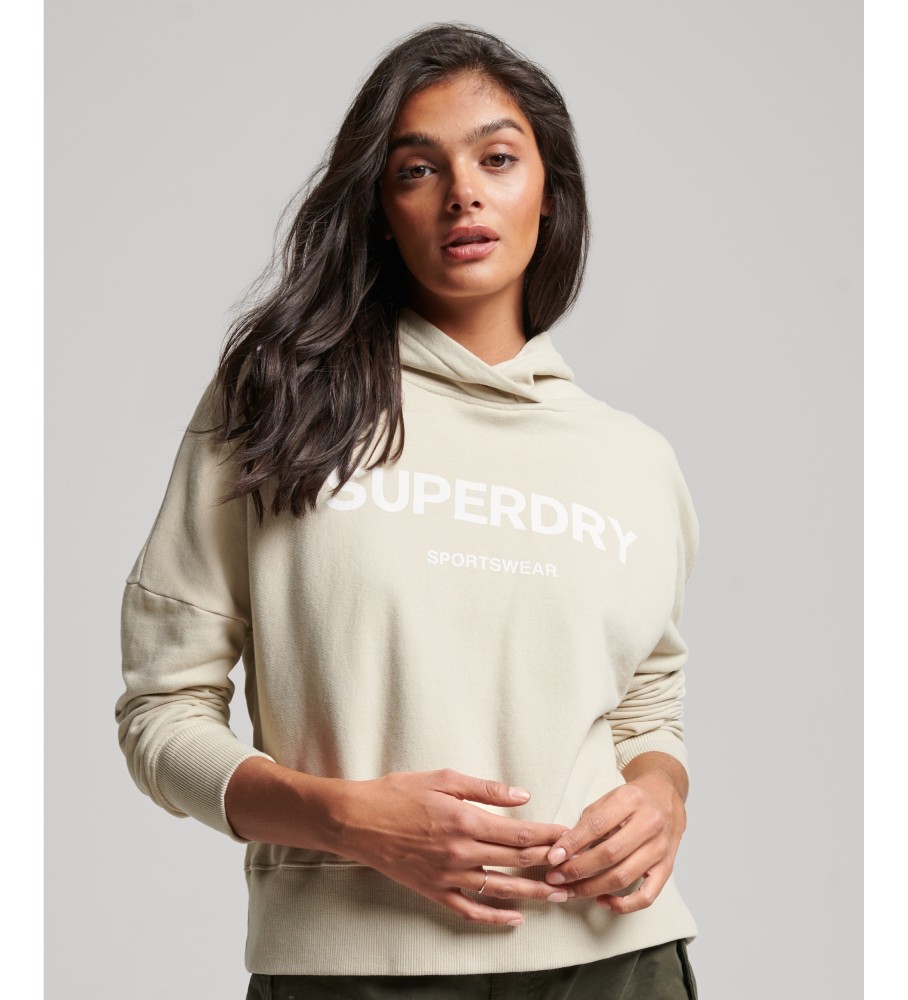 Superdry für Damen. W2011829A Core Sport kurzes Sweatshirt mit quadratischem Schnitt und beiger Kapuze (L), Lässig, Baumwolle, Langarm
