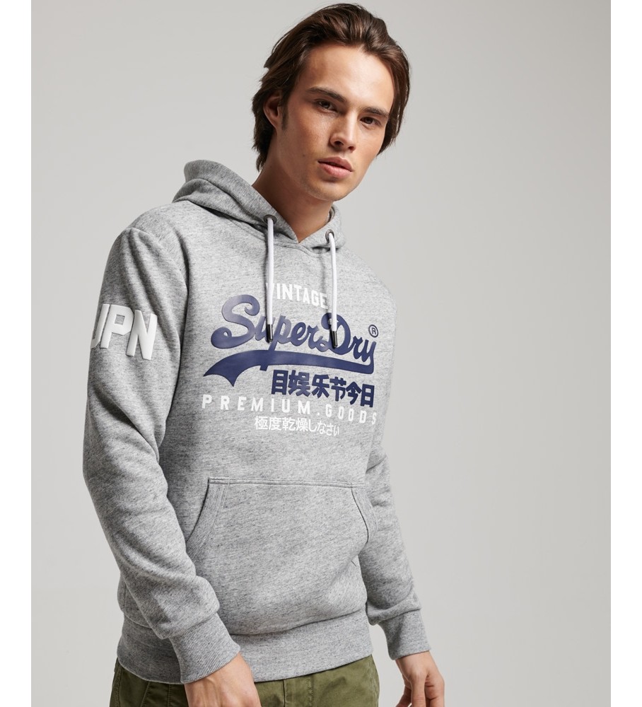 Superdryvoor mannen. M2011885A Grijze Vintage Logo Hoodie (XXL), Casual, Grijs, Lange mouwen, Biologisch katoen, Duurzaam
