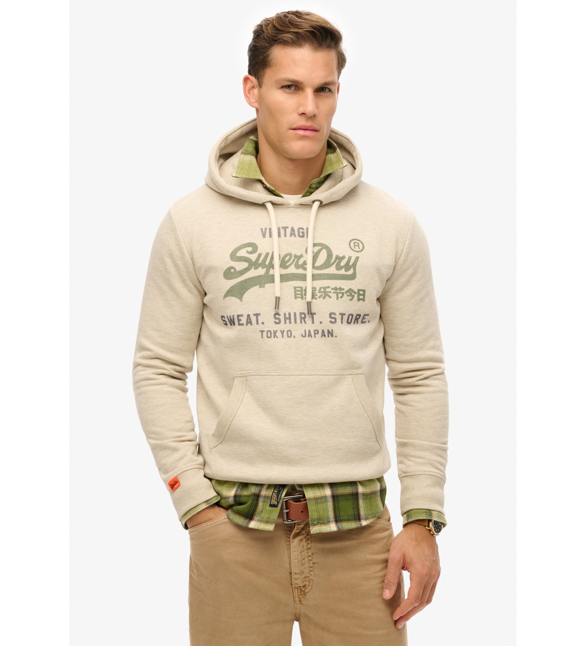 Superdry für Herren. M2014122A Vintage Heritage beige Kapuzensweatshirt mit Logo (XXL), Lässig, Baumwolle
