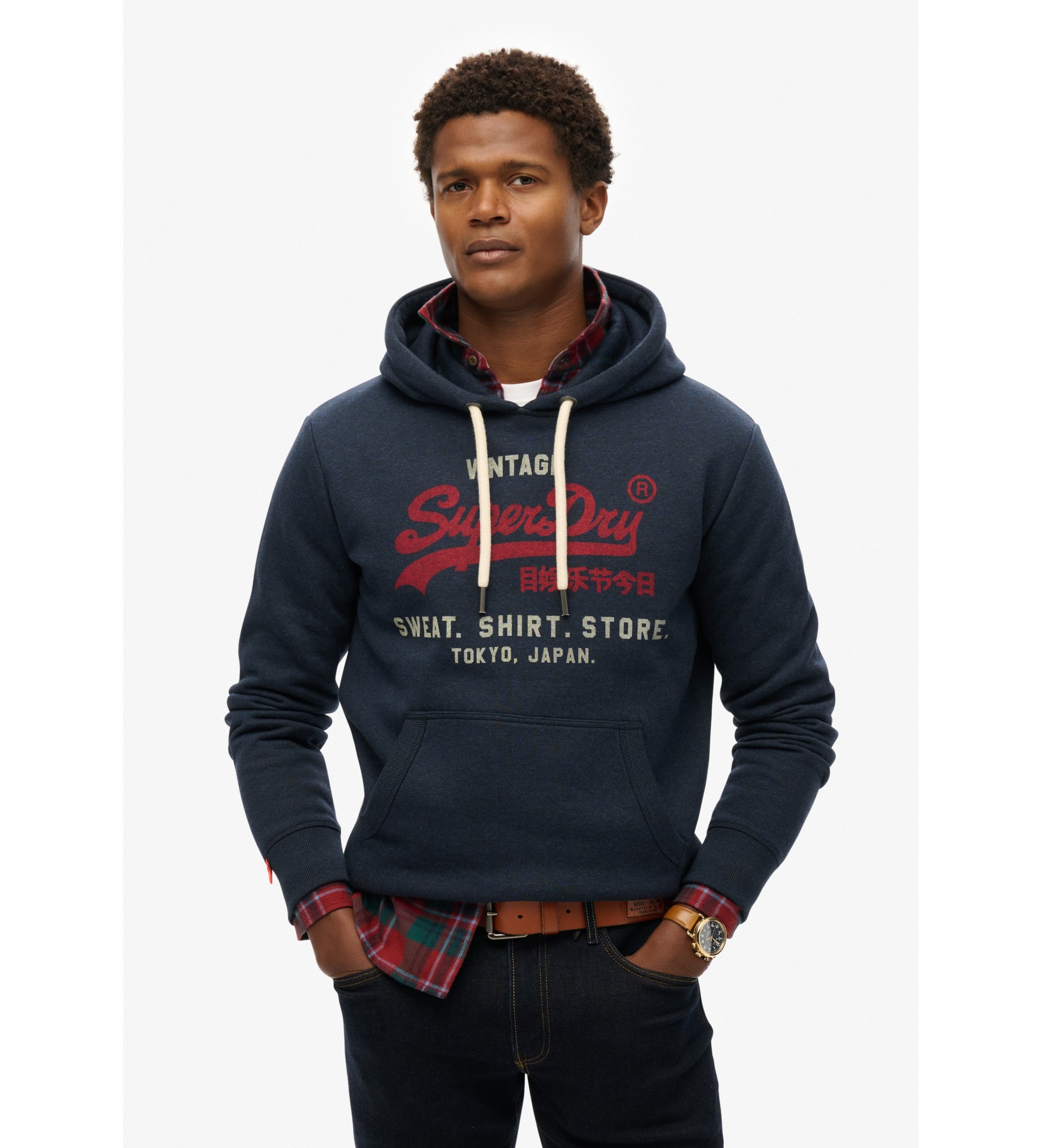 Superdry für Herren. M2014122A Locker geschnittenes Sweatshirt mit Kapuze und Vintage Heritage Logo navy (L), Lässig, Baumwolle, Marine
