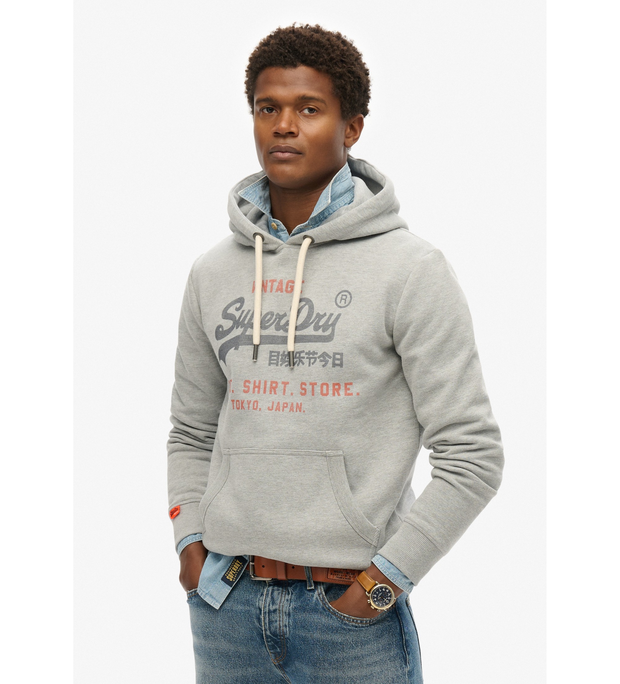 Superdry für Herren. M2014122A Entspanntes Kapuzensweatshirt mit Logo Vintage Heritage grau (L), Lässig, Baumwolle