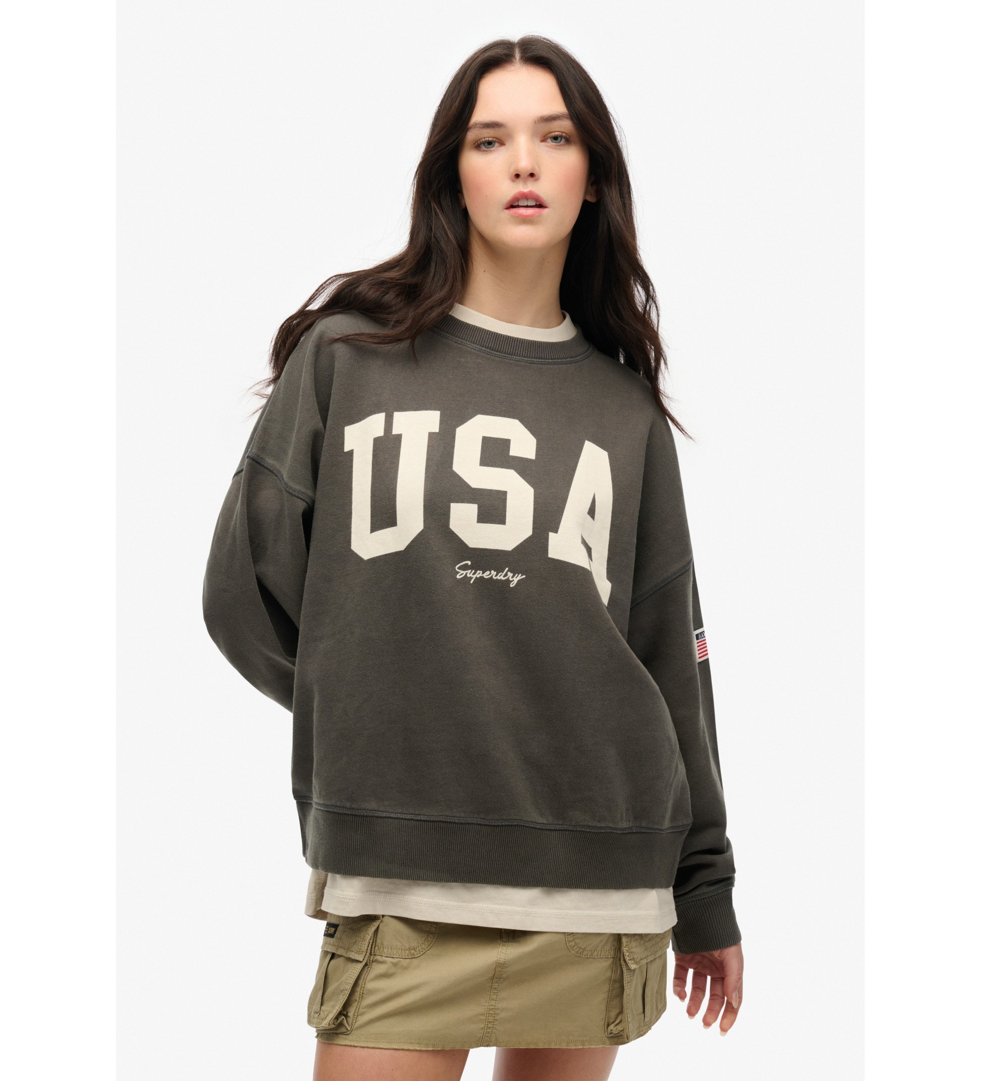 Superdry für Damen. W2012443A Athletic Essentials Lose Passform Rundhalsausschnitt Sweatshirt dunkelgrau (M), Lässig, Baumwolle