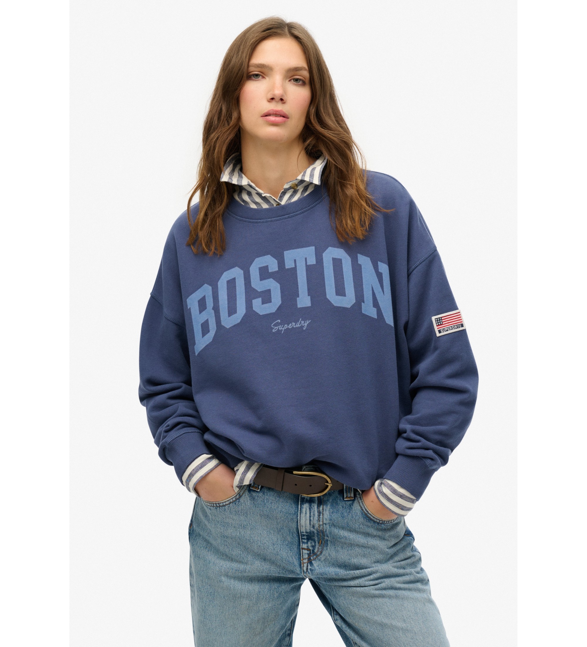 Superdry für Damen. W2012443A Athletic Essentials Marinefarbenes Sweatshirt mit Rundhalsausschnitt und loser Passform (S), Lässig, Baumwolle
