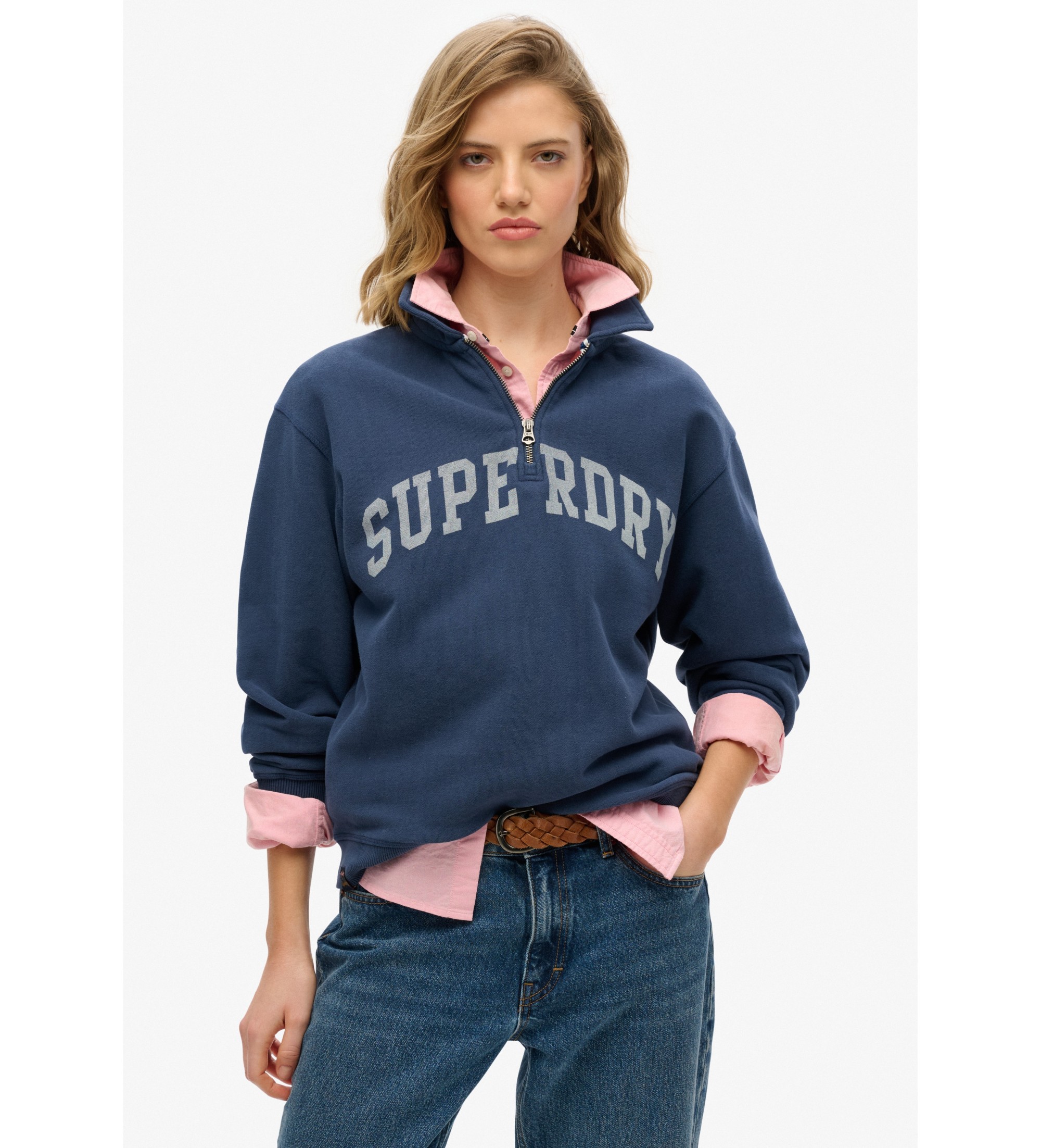 Superdry für Damen. W2012234A Athletic Essentials Marineblaues Rollkragenpullover mit halbem Reißverschluss (M), Lässig, Baumwolle