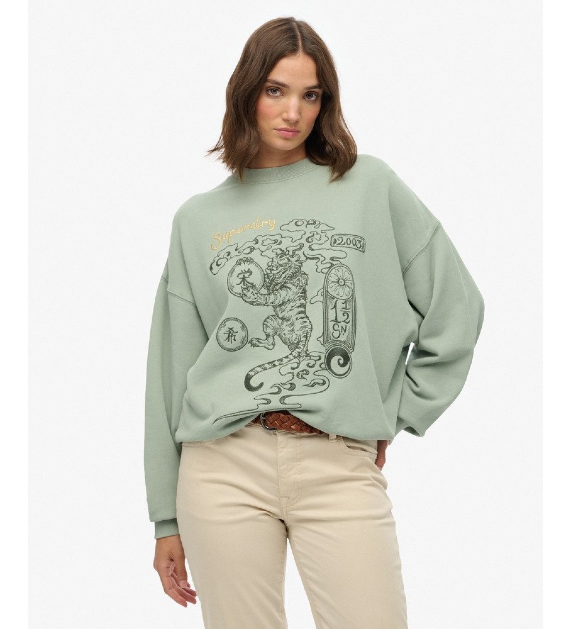 Superdry für Damen. W2012413A Grünes Oversize-Sweatshirt ?Tokyo Narrative? (S), Lässig, Baumwolle