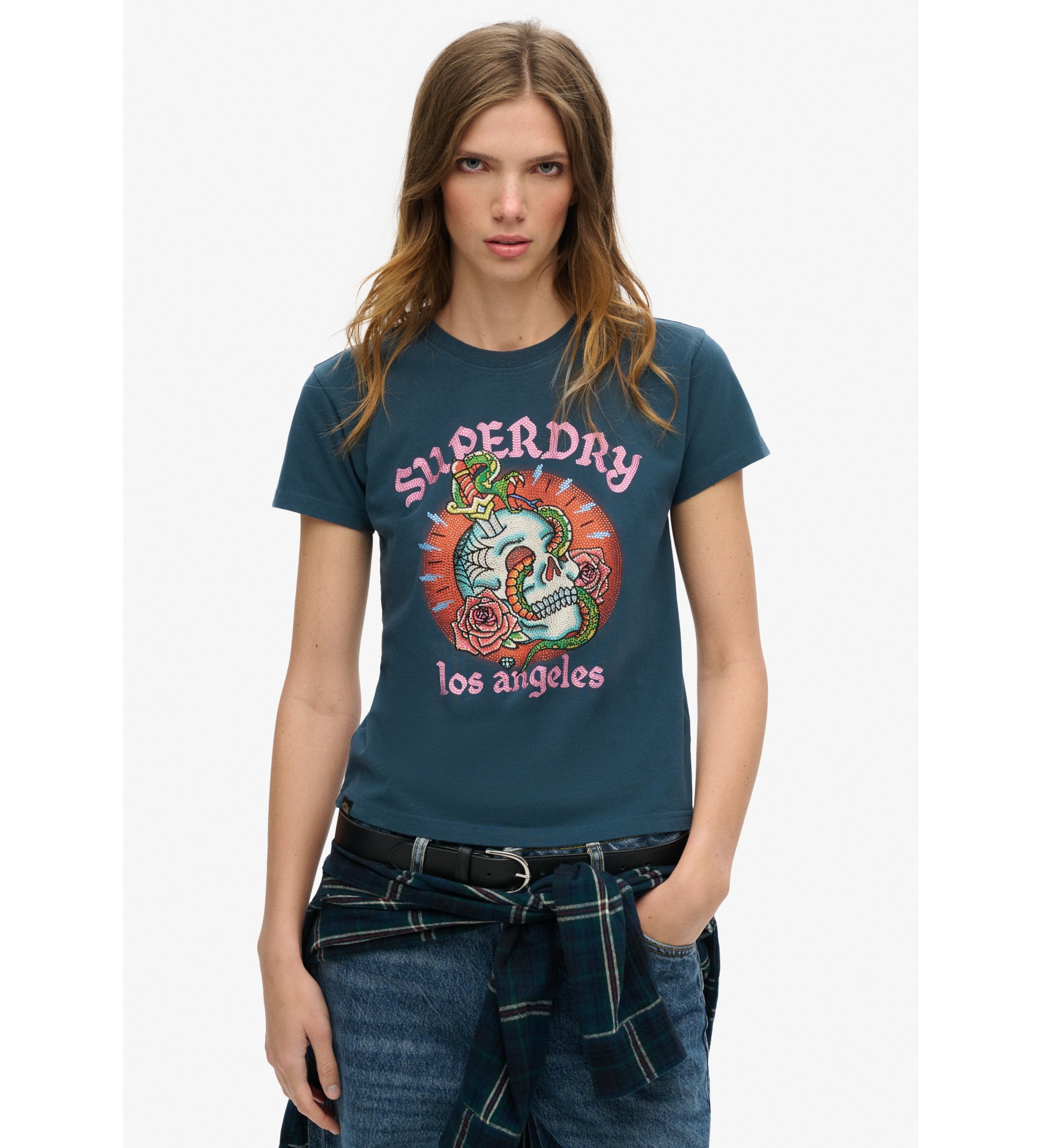 Superdry für Damen. W1011332A Tattoo Strass-T-Shirt navy (M), Lässig, Baumwolle, Kurzarm, Marine