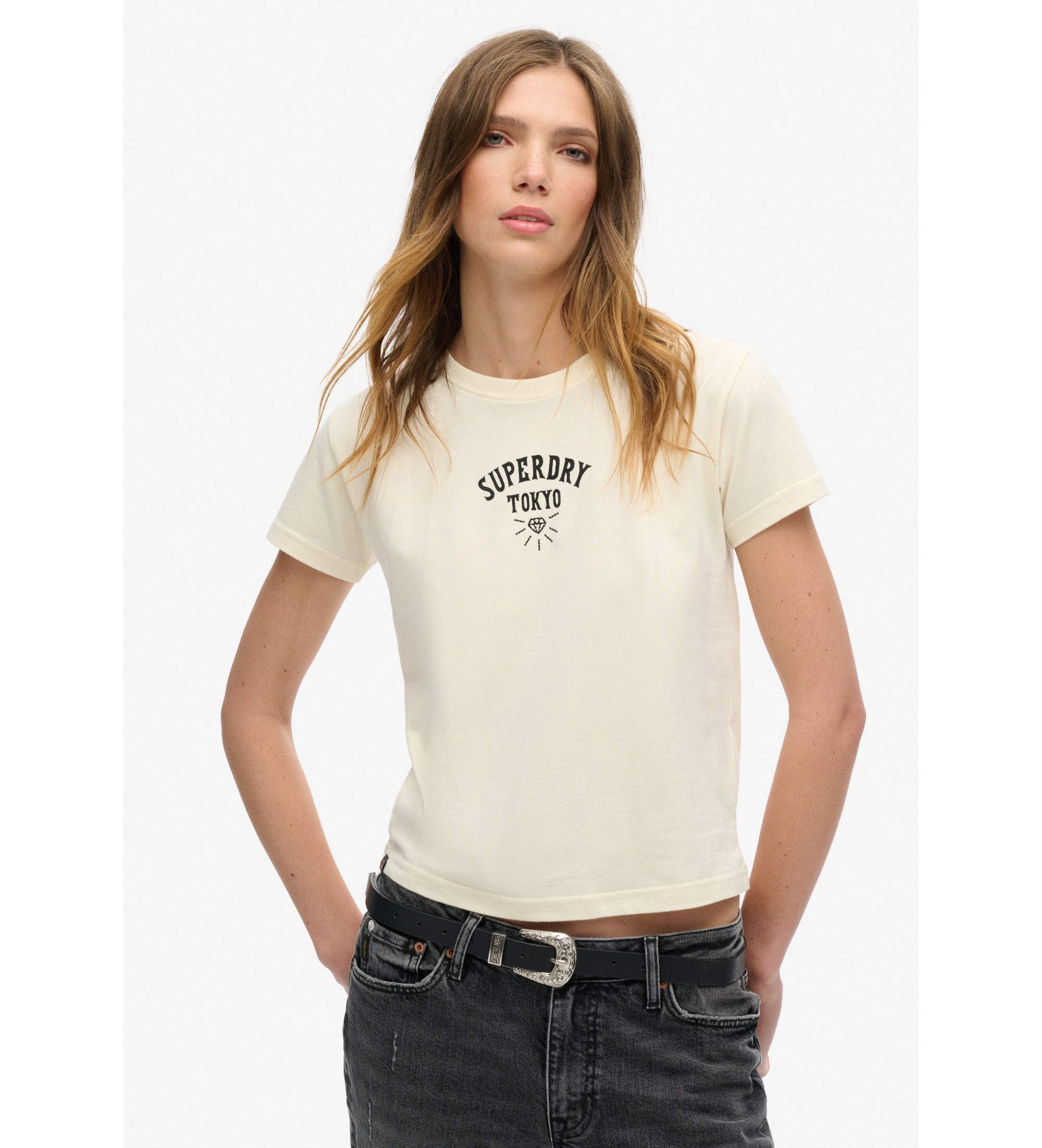 Superdry für Damen. W1011332A Tattoo Strass-T-Shirt off-white (XS), Weiß, Lässig, Baumwolle, Kurzarm