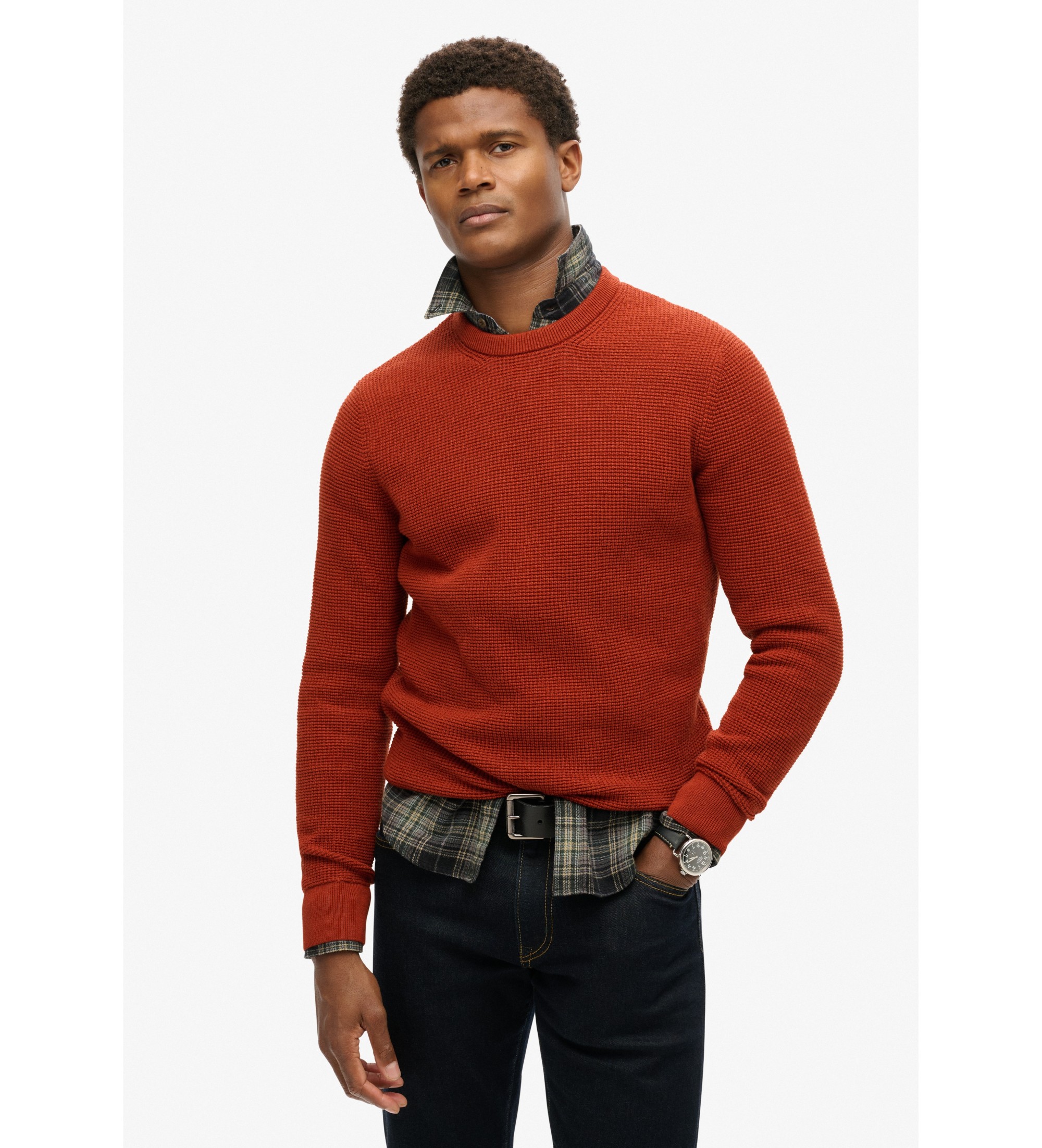 Superdry für Herren. M6110657A Strickpulli mit Rundhalsausschnitt und orangefarbener Textur (L), Lässig, Baumwolle