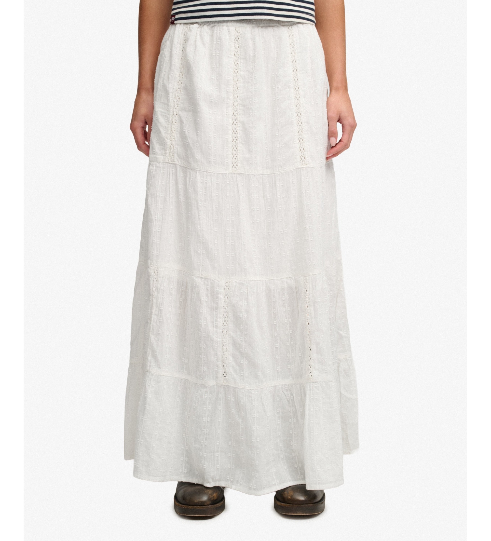 Superdry für Damen. W7210412A Tiered Maxi Rock gebrochenes Weiß (S), Lässig, Baumwolle