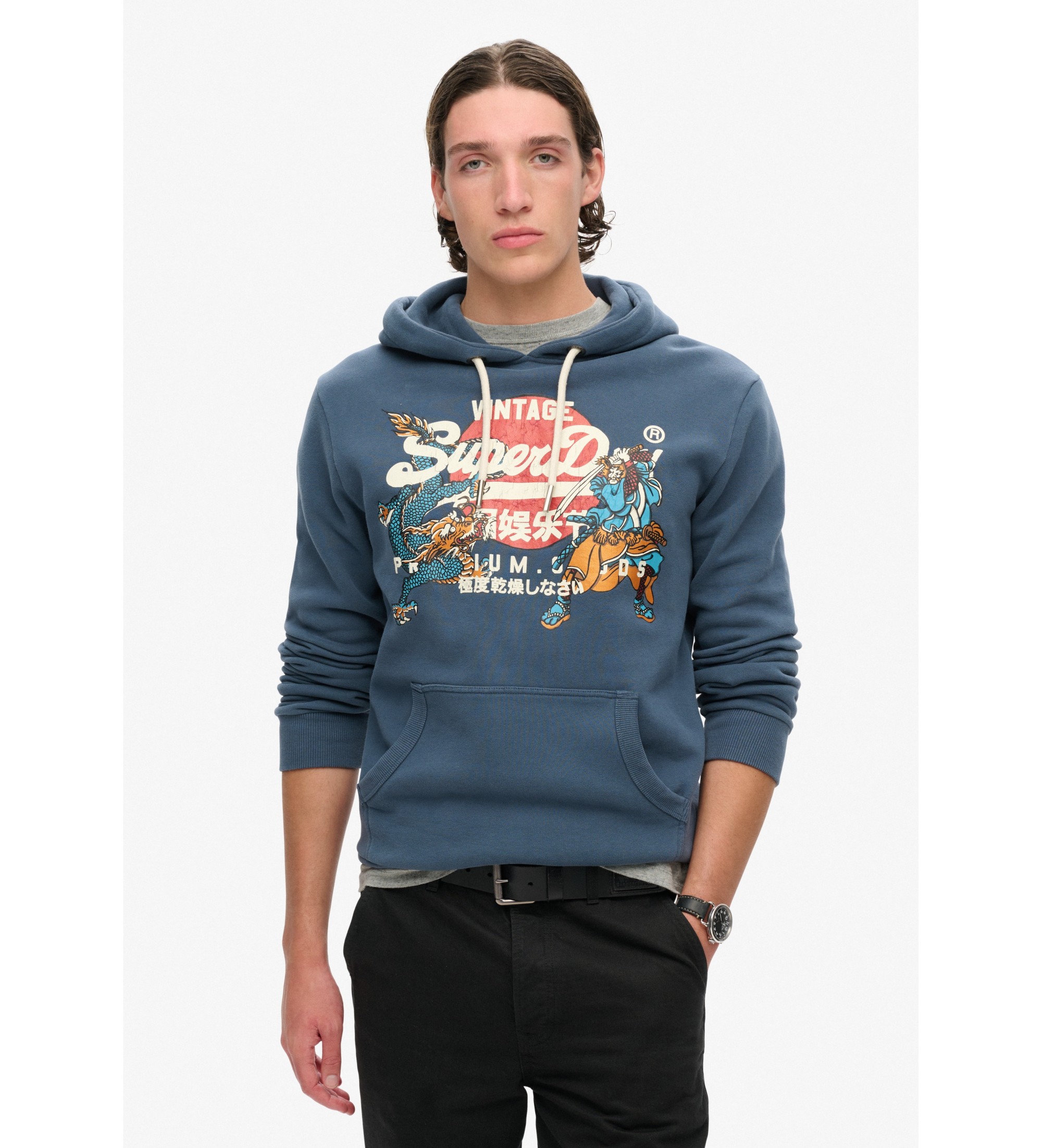 Superdry für Herren. M2013702A Grafisches Kapuzensweatshirt mit Logo Tokyo Vintage blau (L), Lässig, Baumwolle, Nachhaltig
