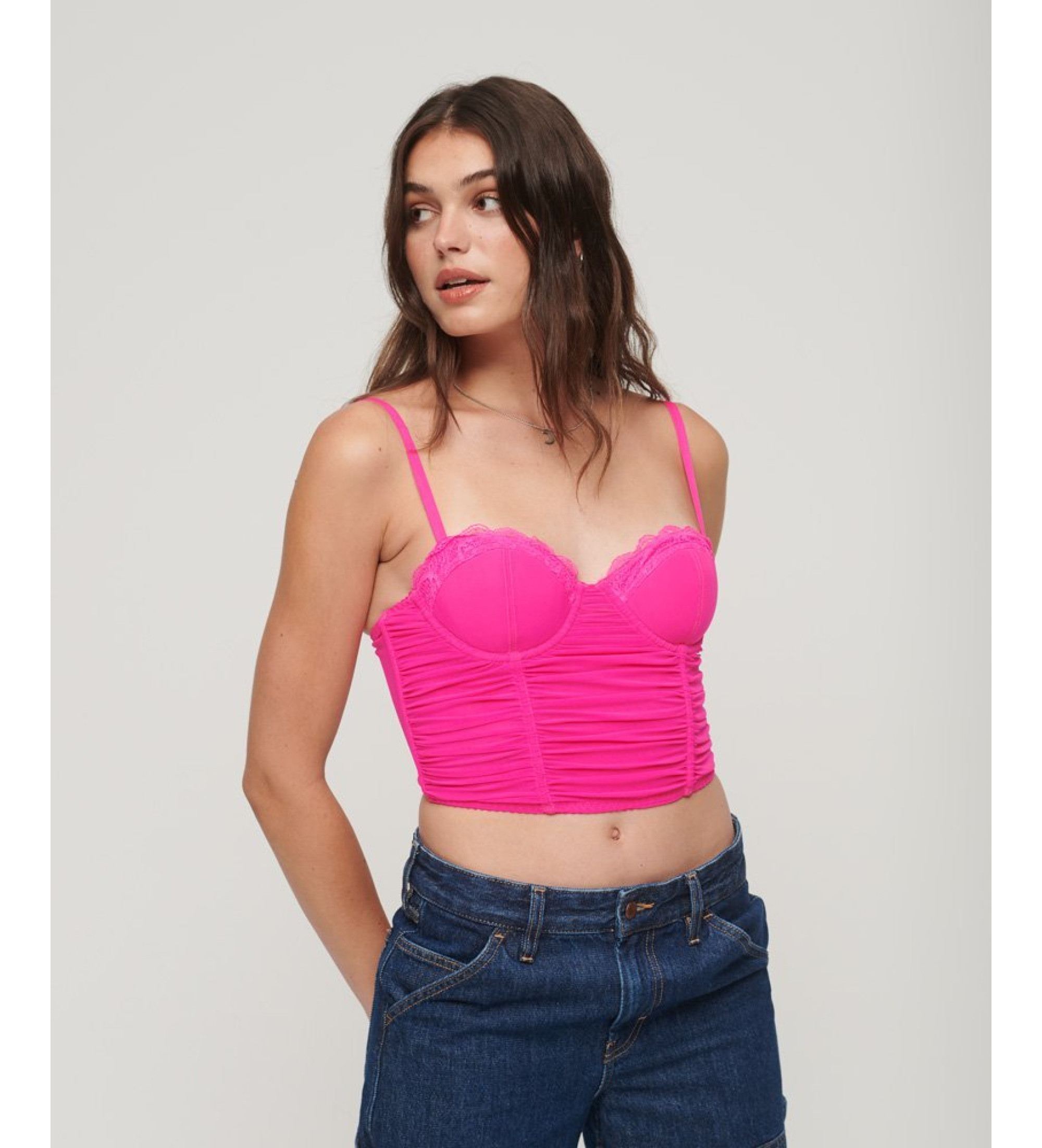 Superdry für Damen. W6011801A Kurzes Korsett-Top aus rosa Rüschen-Netz (S), Lässig, Polyester, Ärmellos / Hosenträger