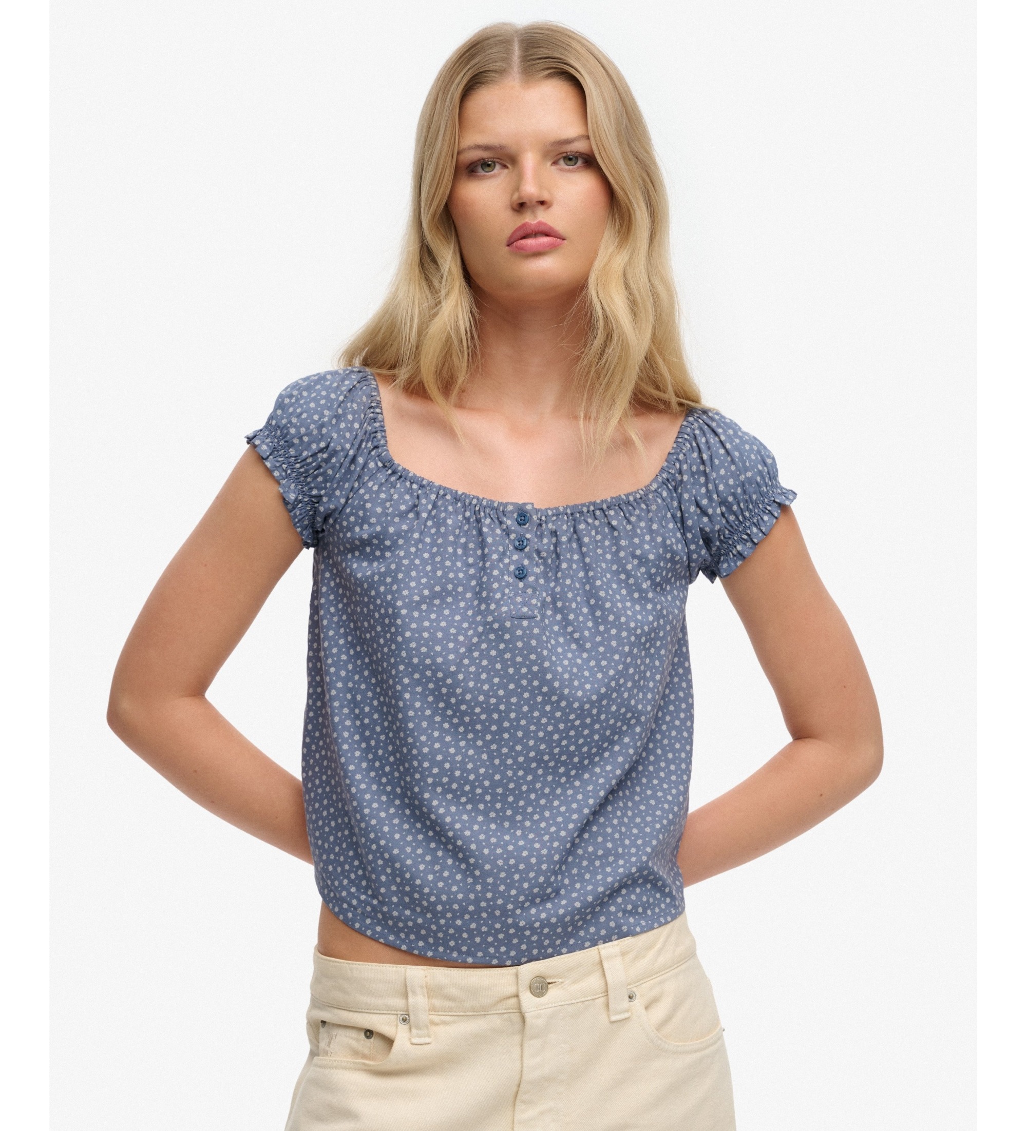 Superdry für Damen. W6012219A Top mit Knöpfen blau (M), Lässig, Viskose, Kurzarm
