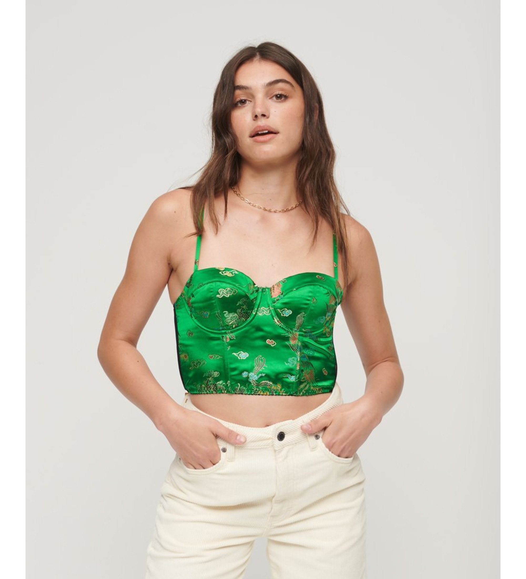 Superdry für Damen. W6011811A Korsett-Oberteil mit grüner Satin-Blumenstickerei (XS), Lässig, Polyester, Ärmellos / Hosenträger