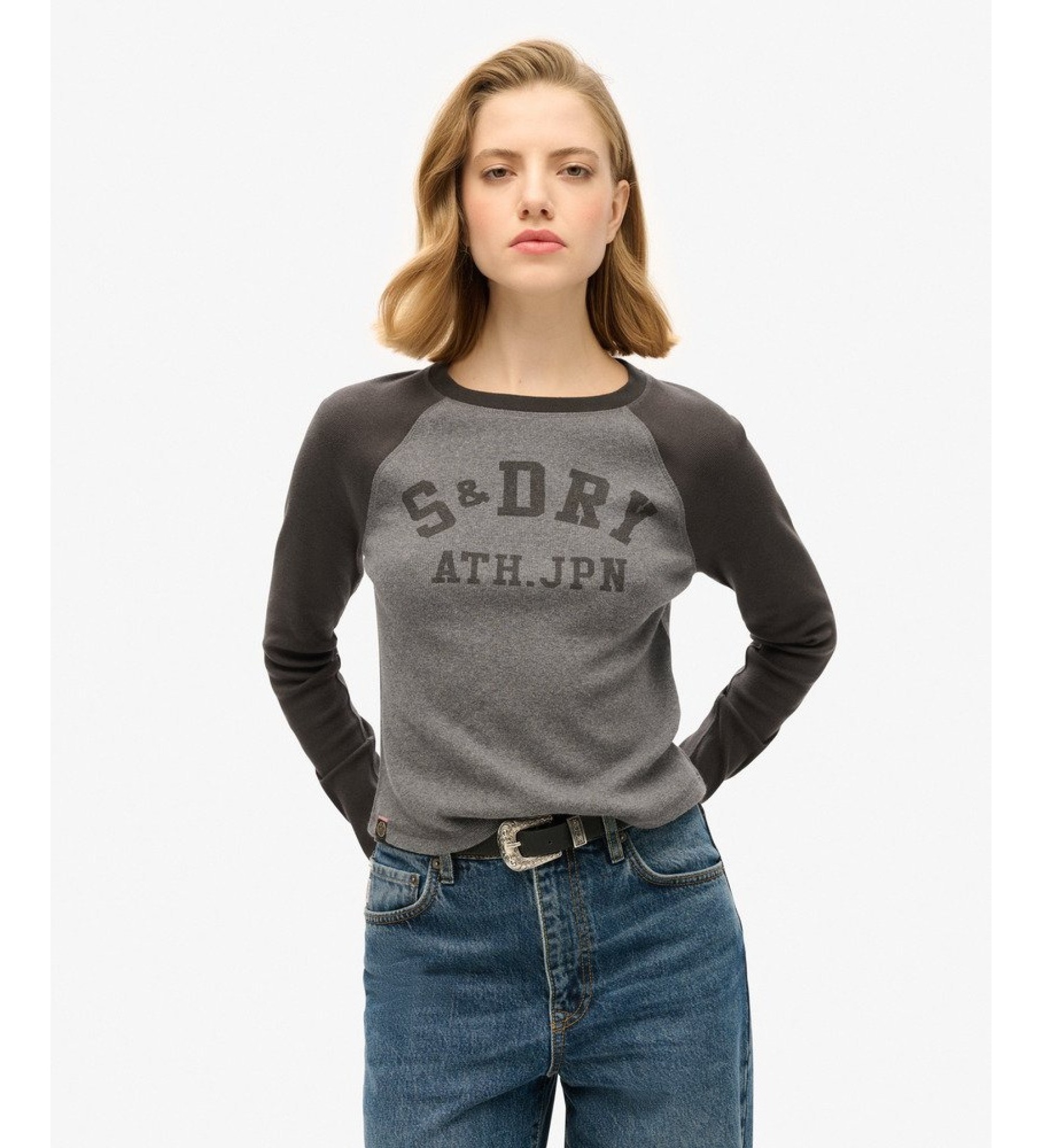 Superdry für Damen. W6011957A Schwarzes T-Shirt ?Athletic Rib Slim? (S/M), Lässig, Grau, Baumwolle, Langarm