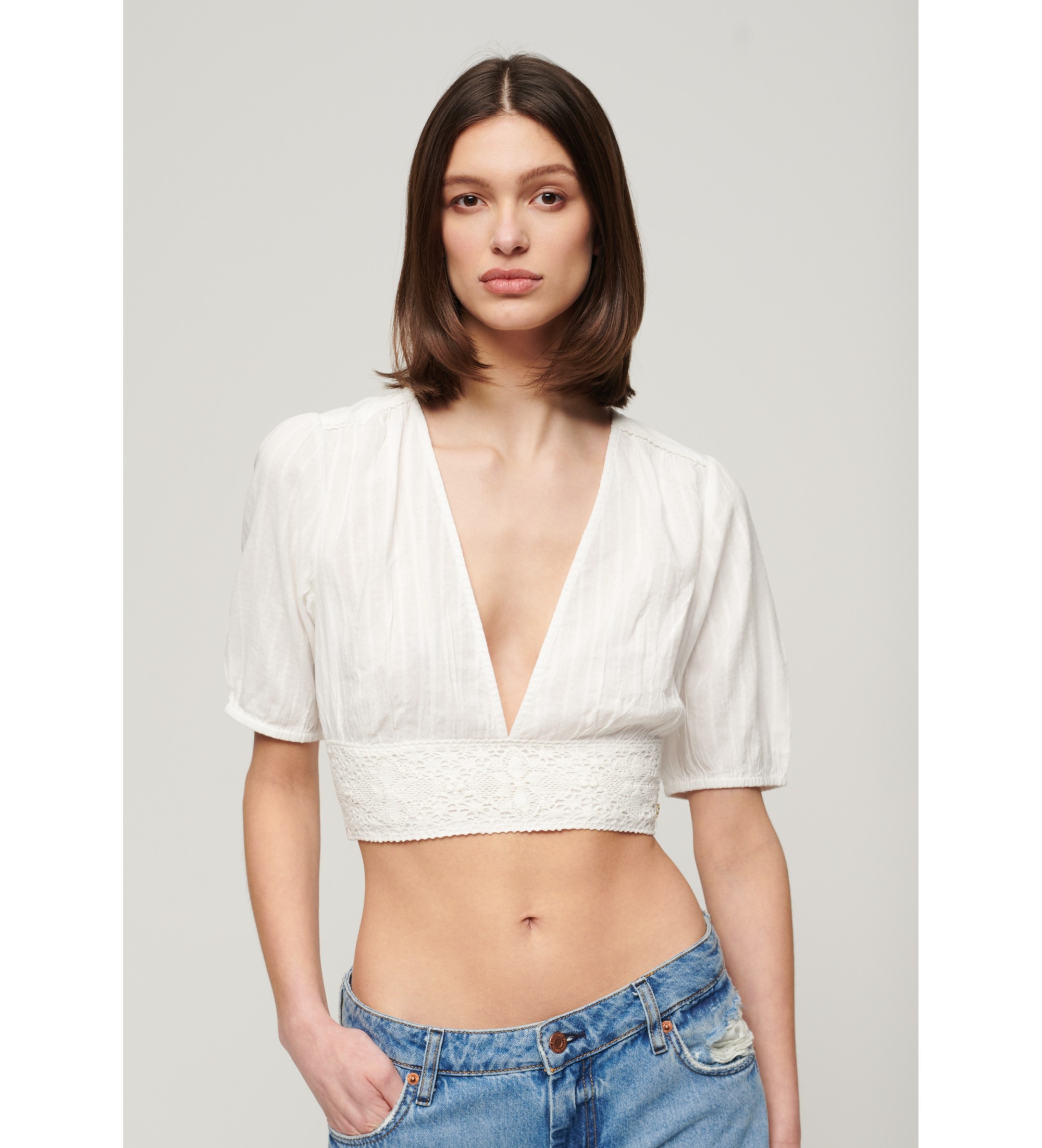 Superdry für Damen. W6011858A Kurzärmeliges Top mit Spitzenbesatz Ibiza weiß (XL), Lässig, Baumwolle, Kurzarm