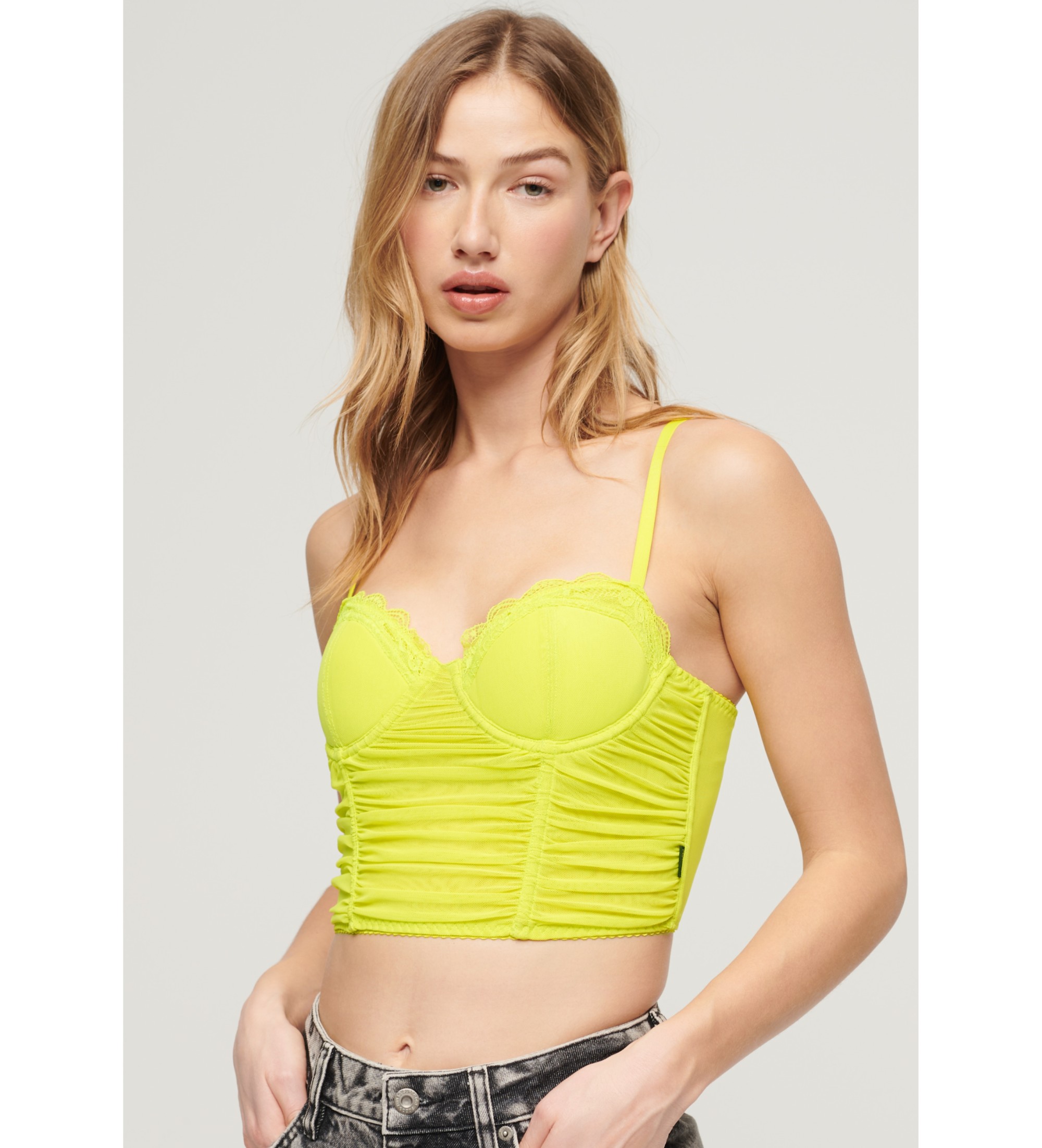 Superdry für Damen. W6011801A Korsett-Oberteil aus gerafftem Netz gelb (S), Lässig, Polyamid, Ärmellos / Hosenträger