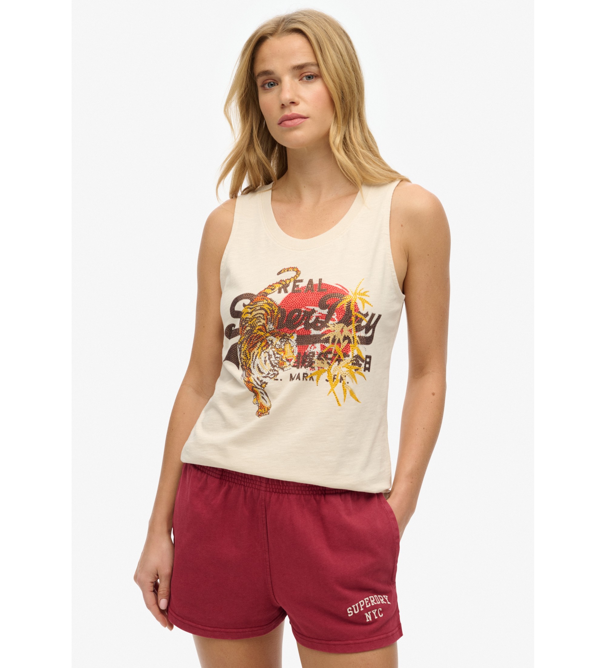 Superdry für Damen. W6012090A Tokyo Vintage T-Shirt beige (S), Lässig, Baumwolle, Ärmellos / Hosenträger