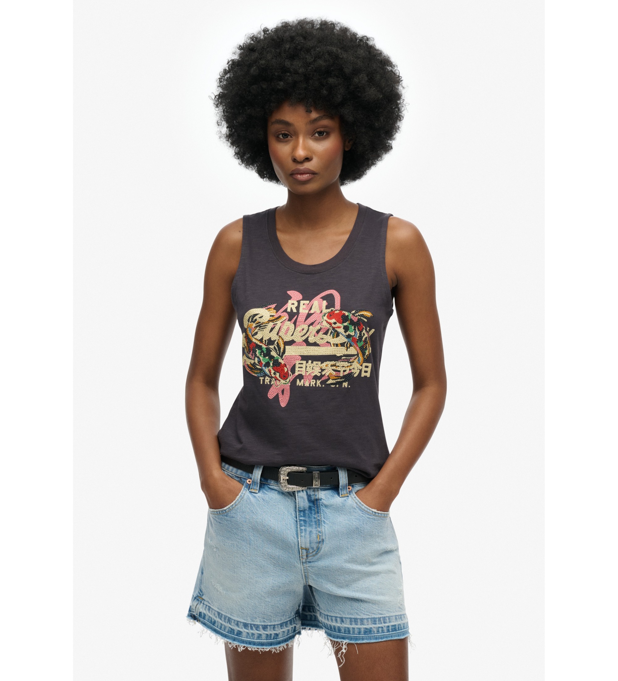 Superdry für Damen. W6012090A T-shirt Tokyo Vintage dunkelgrau (36), Lässig, Baumwolle, Ärmellos / Hosenträger
