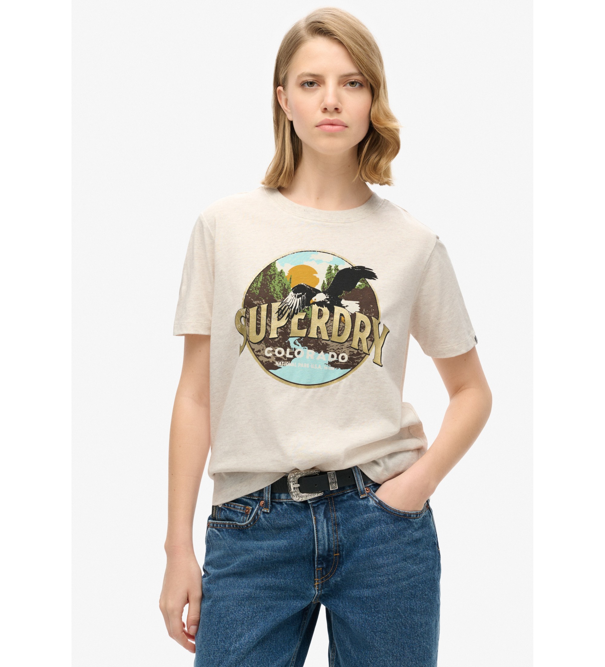 Superdry für Damen. W1011519A Reise-Souvenir-T-Shirt beige (S), Lässig, Baumwolle, Kurzarm