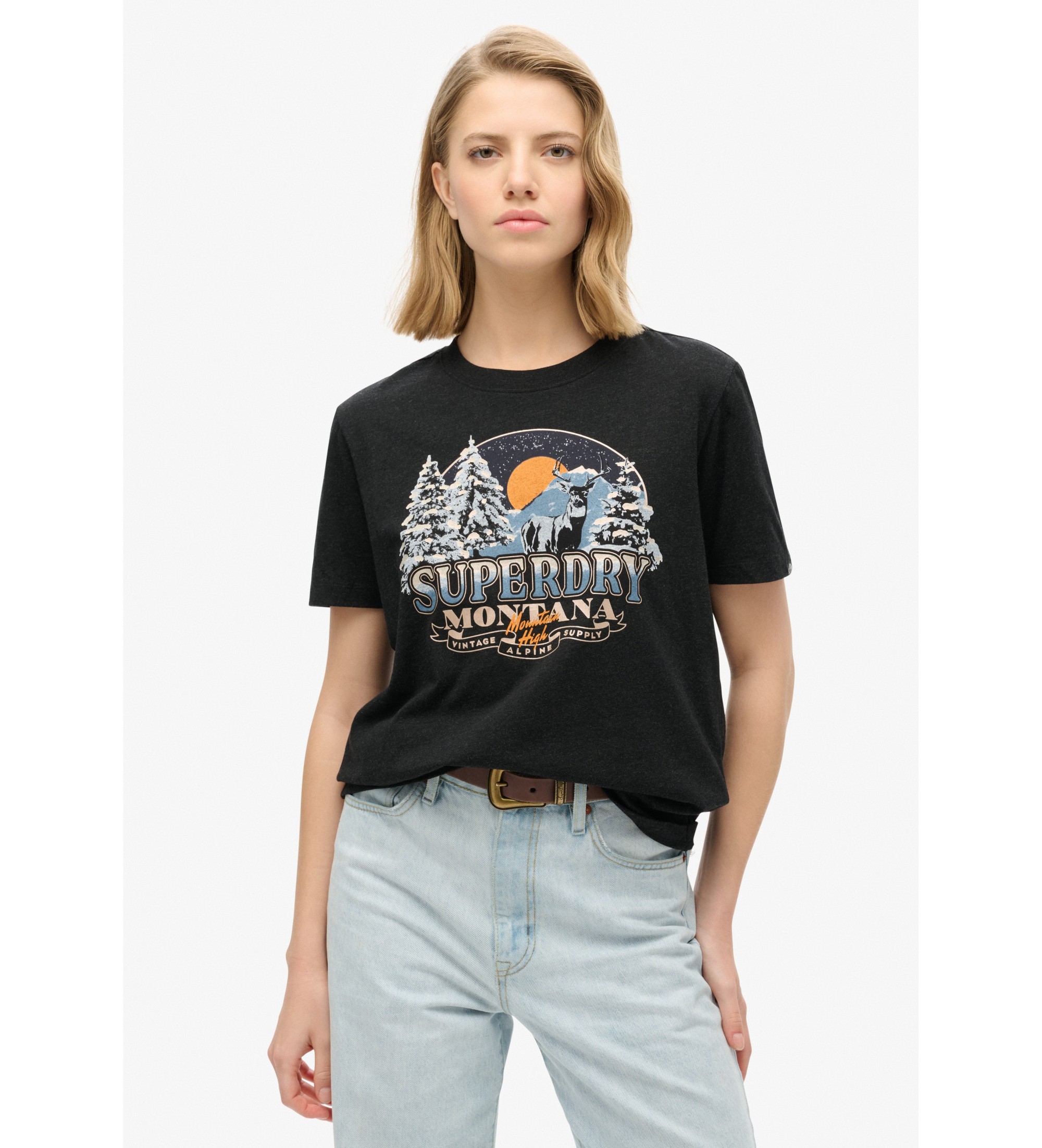 Superdry für Damen. W1011519A Reise-Souvenir-T-Shirt schwarz (S), Lässig, Baumwolle, Kurzarm