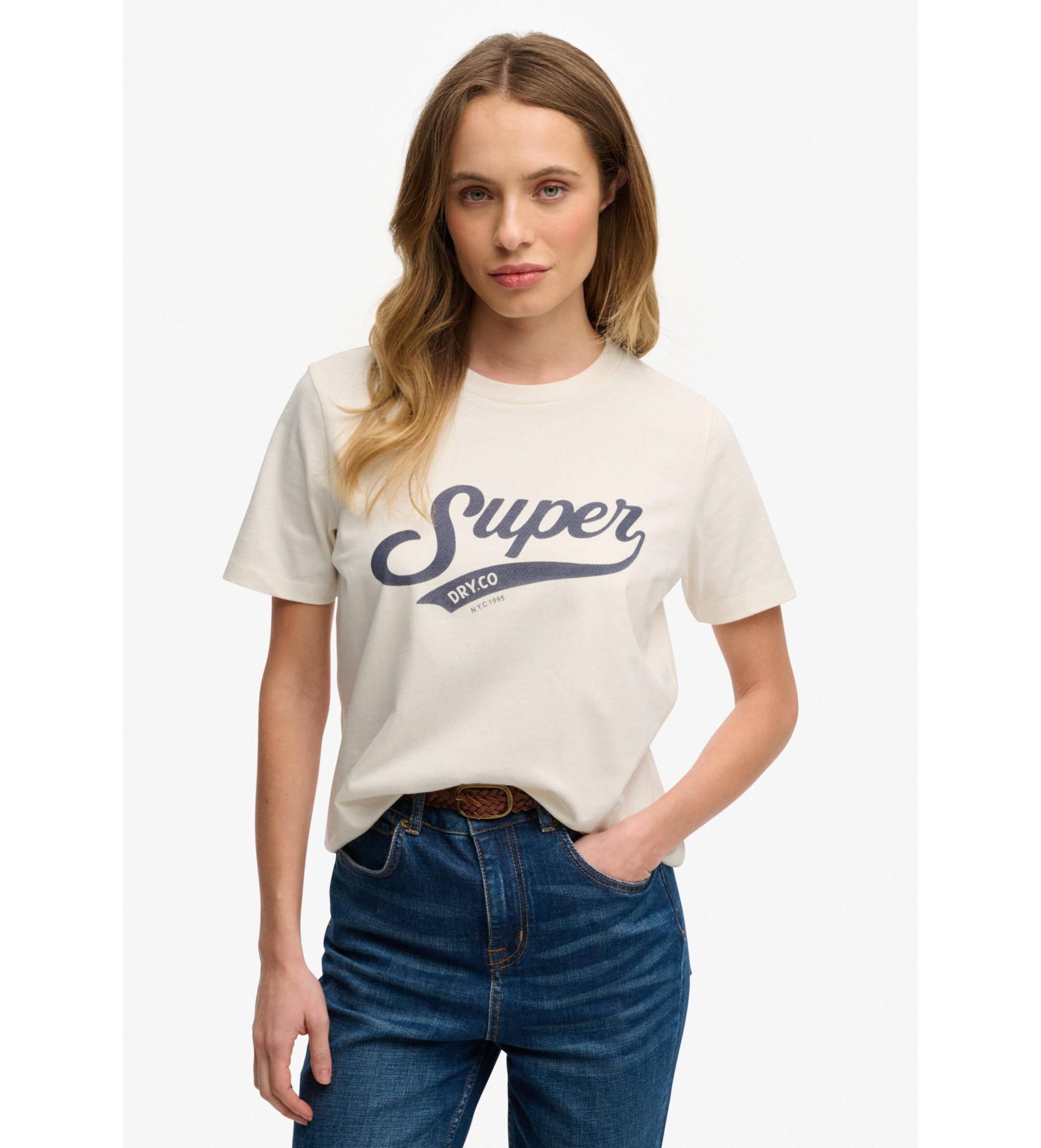 Superdryvoor vrouwen. W1011869A Varsity Script T-shirt wit crème (XS), Casual, Katoen, Korte mouwen