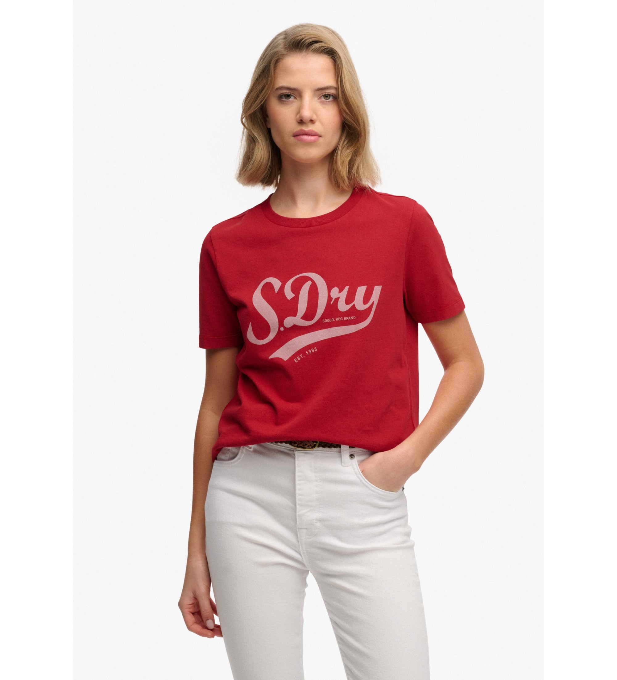 Superdryvoor vrouwen. W1011869A Varsity Script T-shirt rood (XL), Casual, Katoen, Korte mouwen