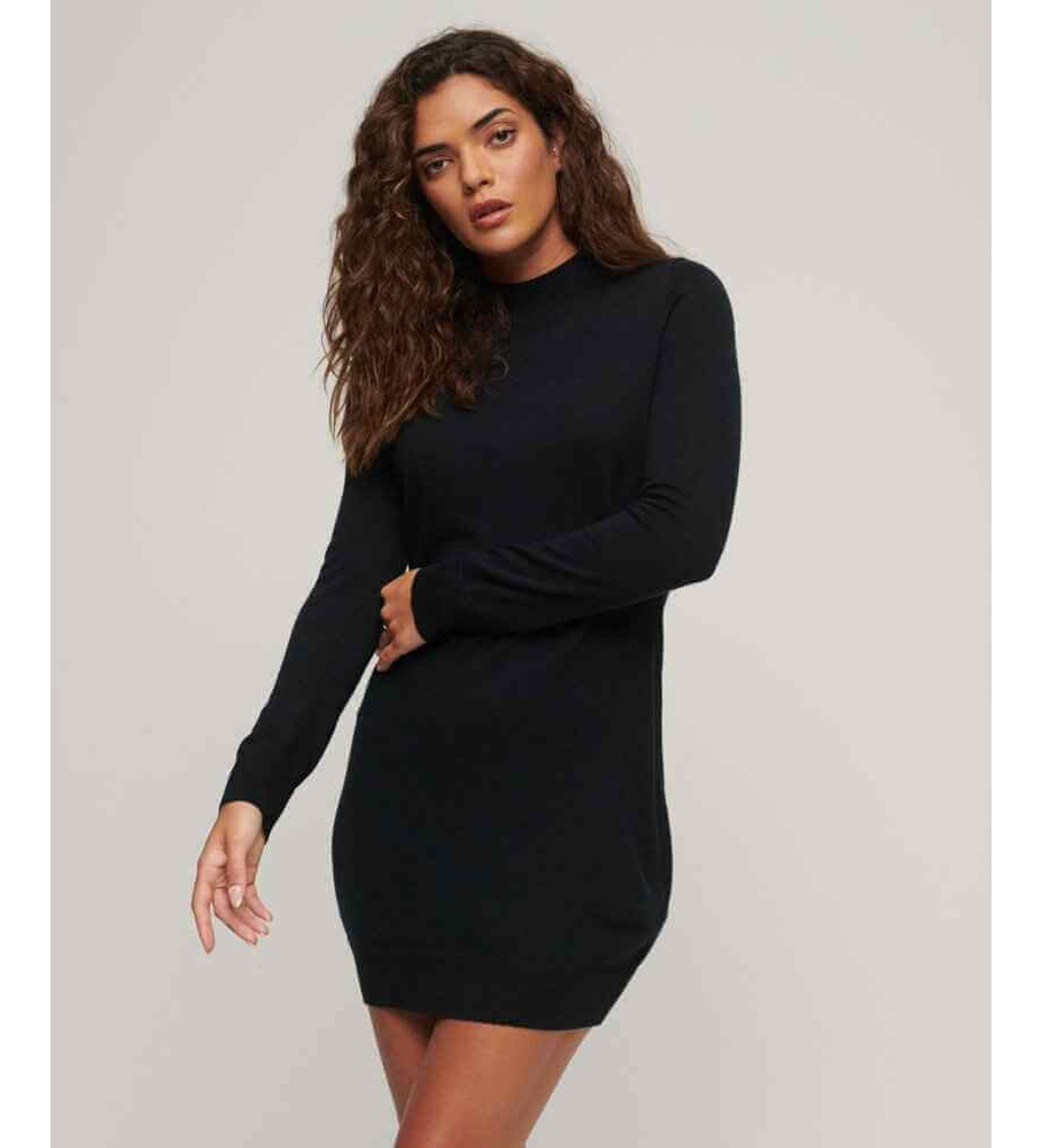 Superdry für Damen. W8011223A Langärmeliges Strickkleid aus schwarzer Wolle (S), Lässig, Baumwolle, Langarm