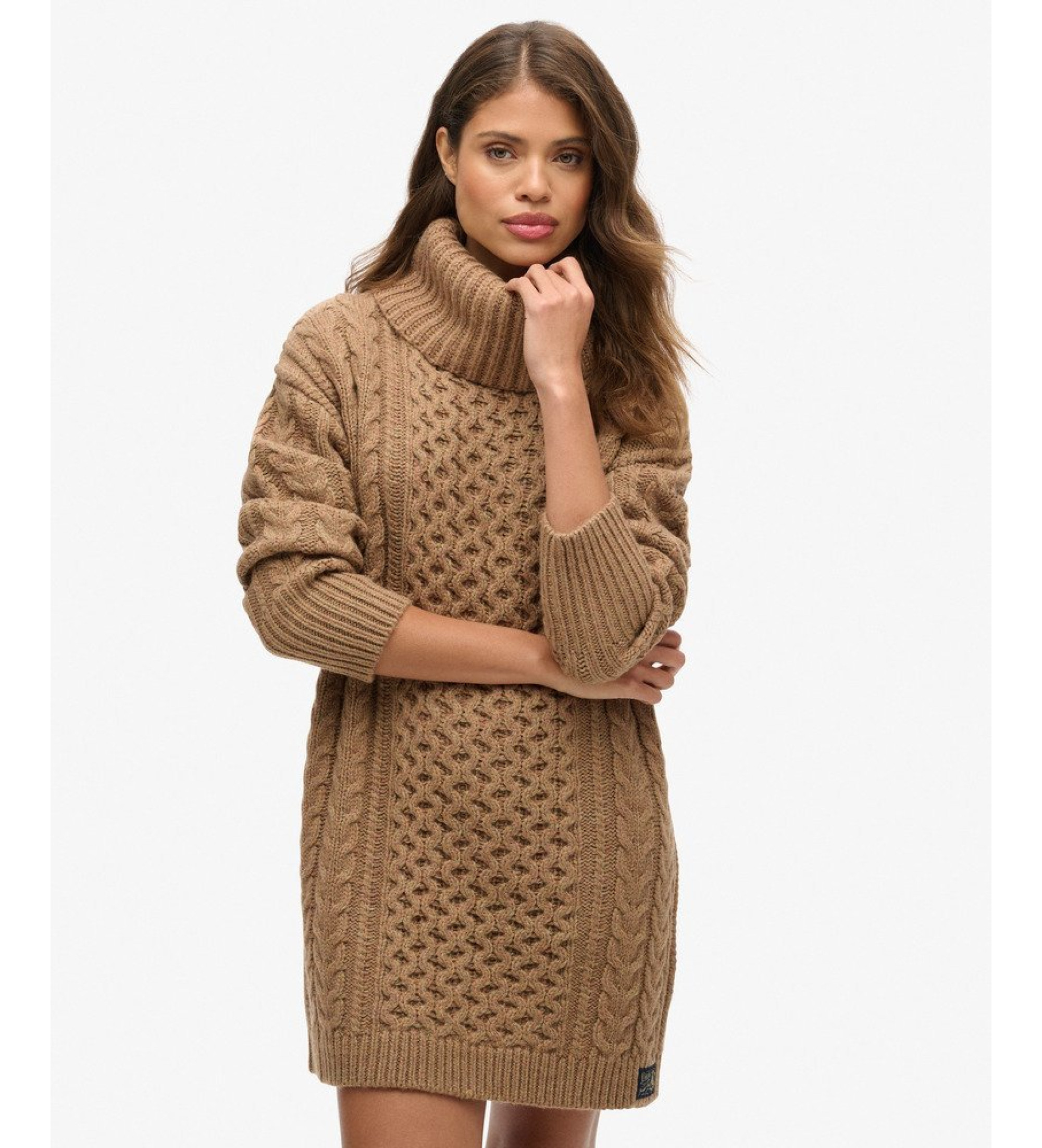Superdry für Damen. W8011743A Braunes geflochtenes Strickkleid (M), Lässig, Acryl, Langarm