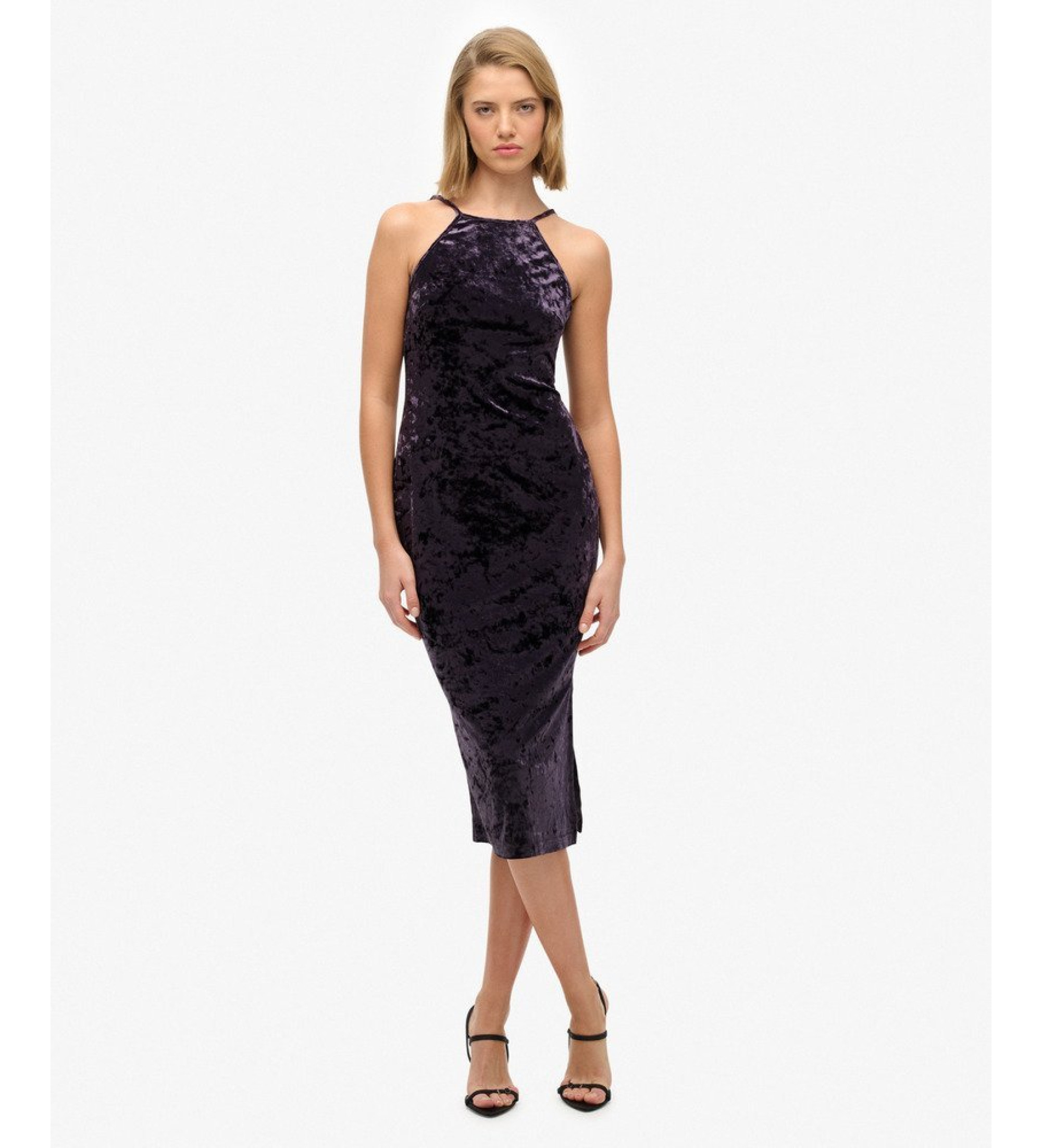 Superdry für Damen. W8011985A Midikleid aus Samt mit Spitzenrücken (S), Lässig, Party, Flieder, Polyester, Ärmellos / Hosenträger