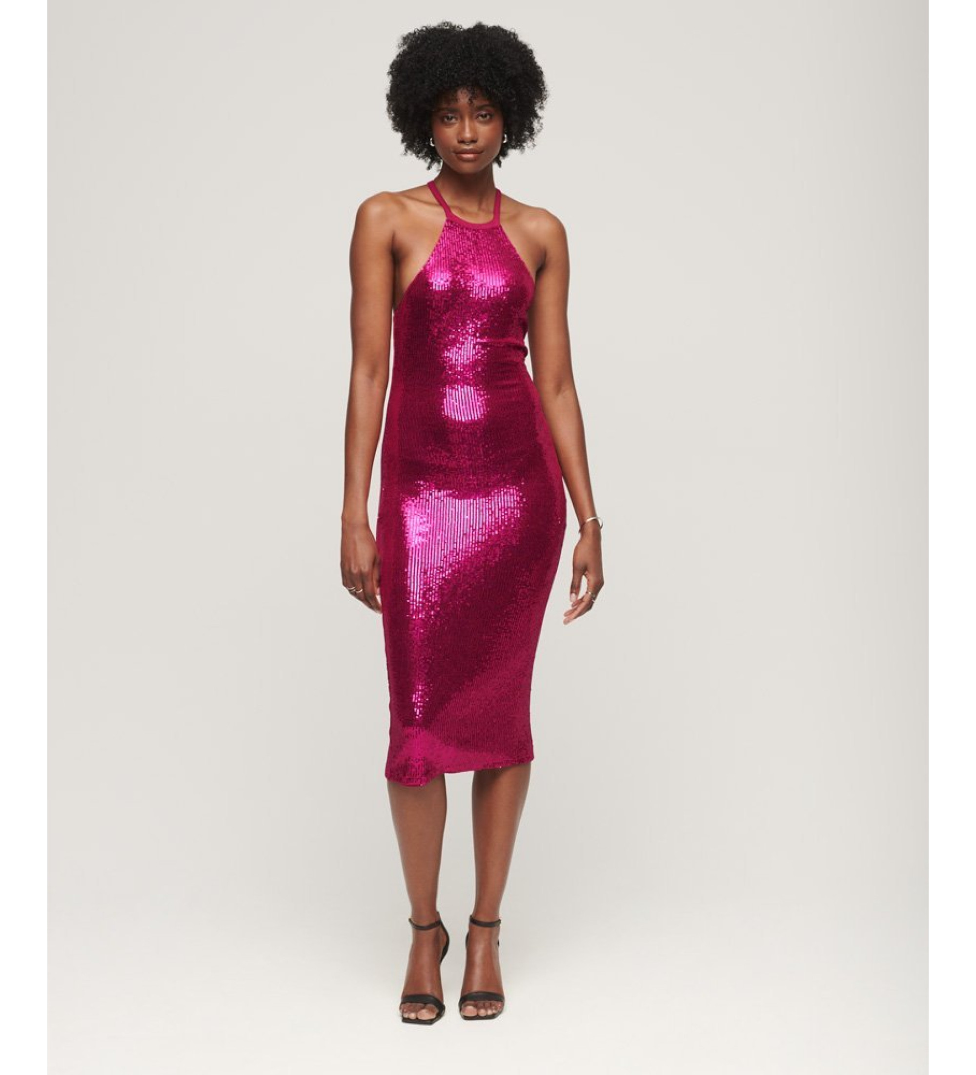 Superdry für Damen. W8011581A Rosa Pailletten-Träger-Midikleid mit Neckholder-Ausschnitt (L), Party, Polyester, Ärmellos / Hosenträger