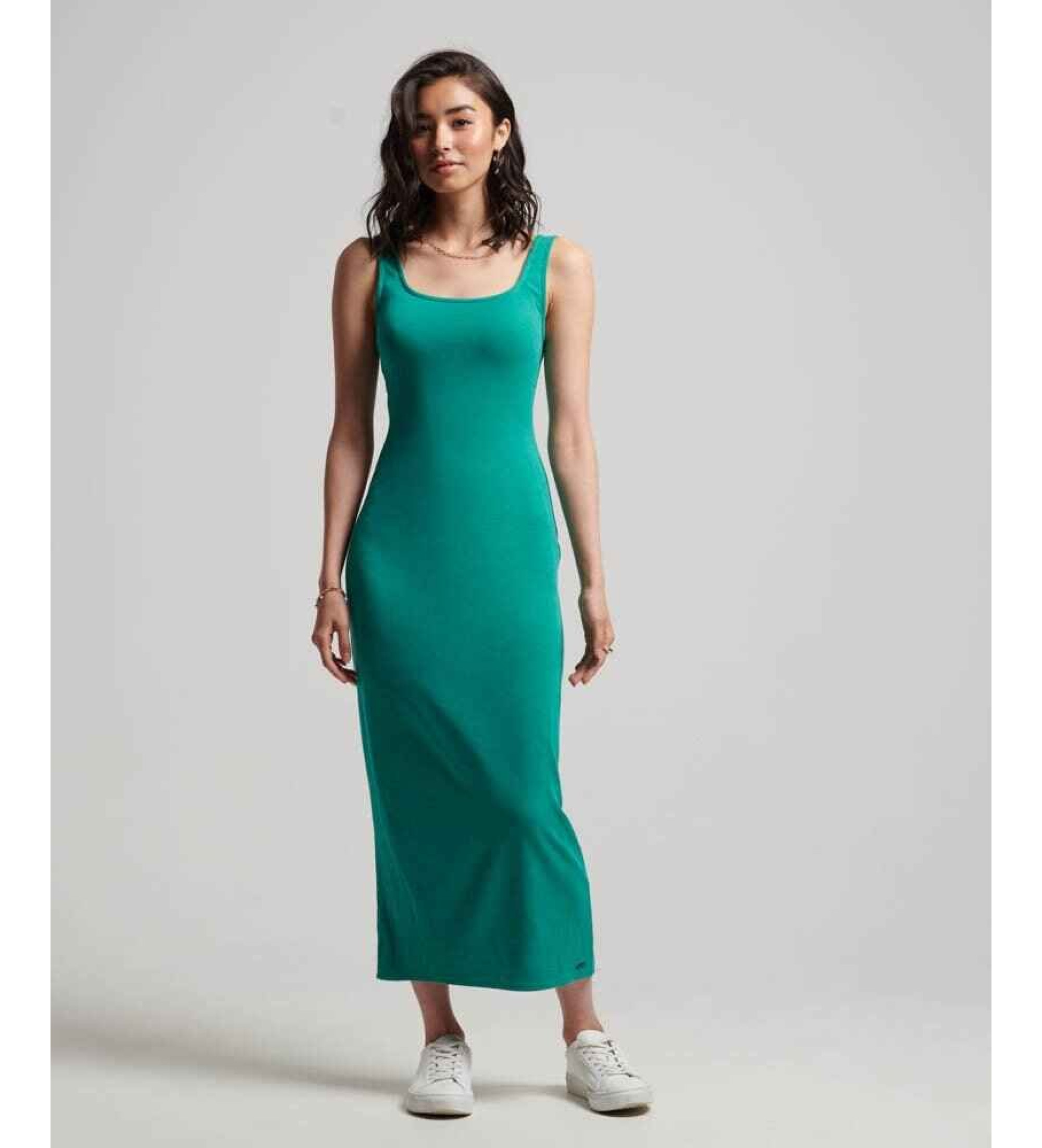 Superdry für Damen. W8011461A Gestricktes Midikleid mit grünem Karree-Ausschnitt (XL), Lässig, Modal, Ärmellos / Hosenträger
