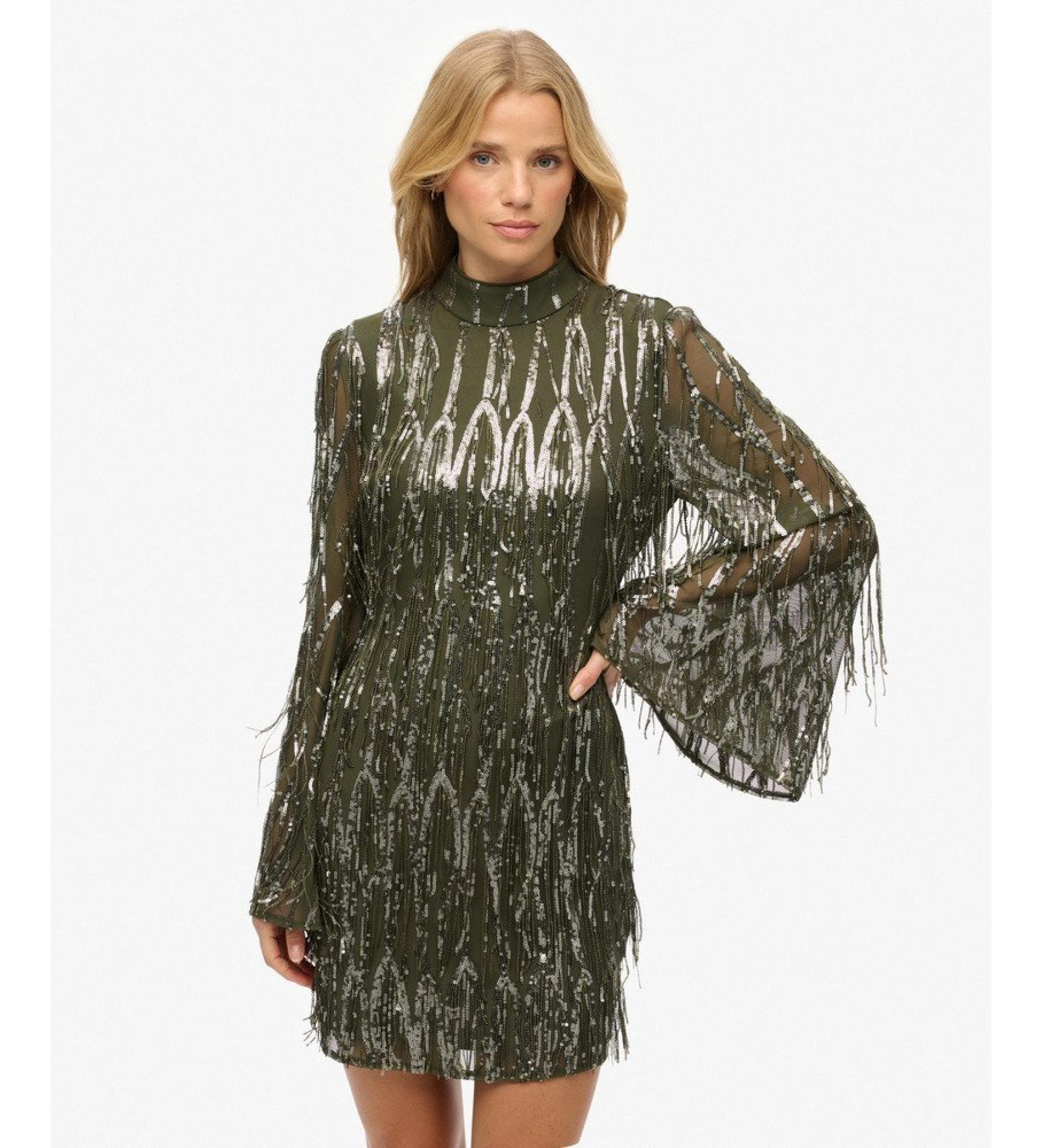 Superdry für Damen. W8011989A Grünes Minikleid mit Pailletten und Fransen (S), Party, Polyester, Langarm