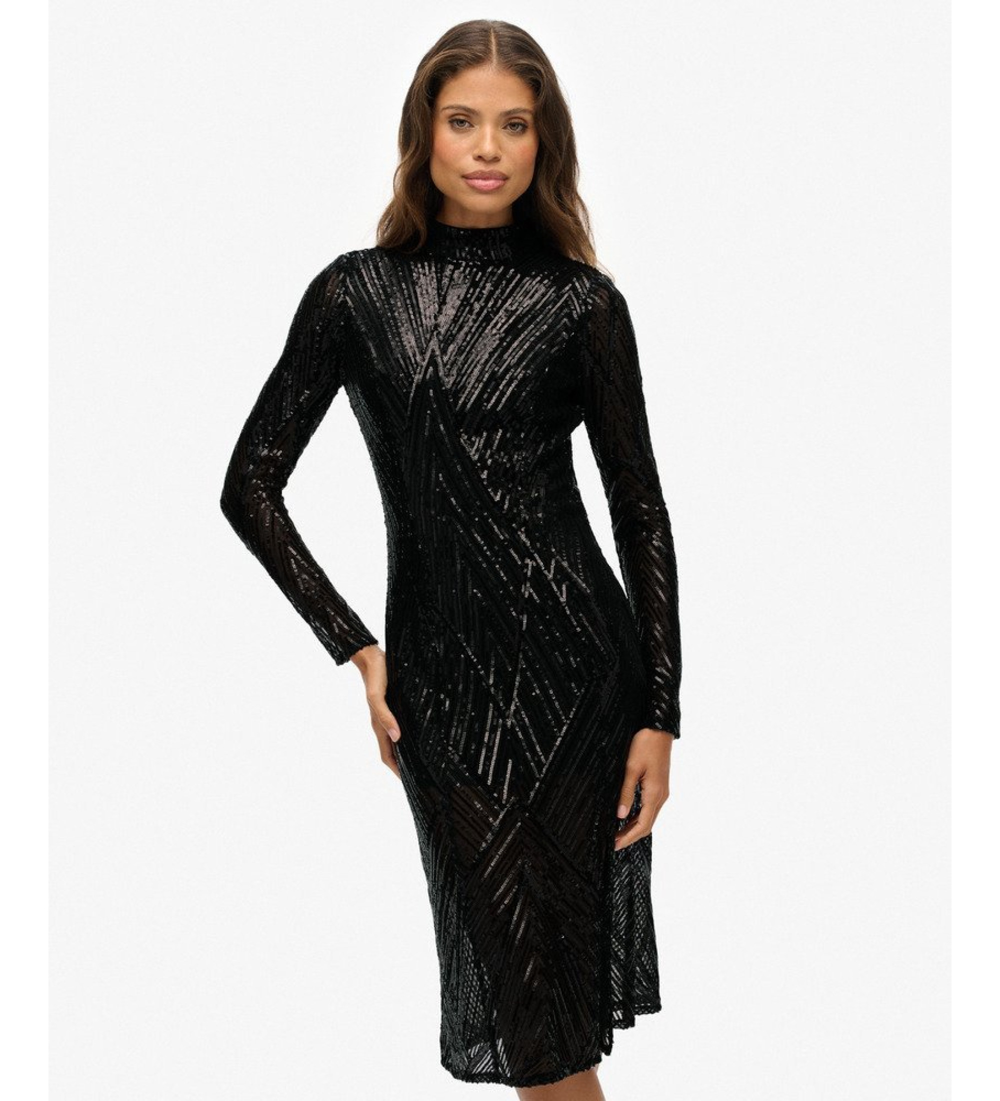 Superdry für Damen. W8012034A Offenes Kleid schwarz (XL), Party, Polyester, Langarm