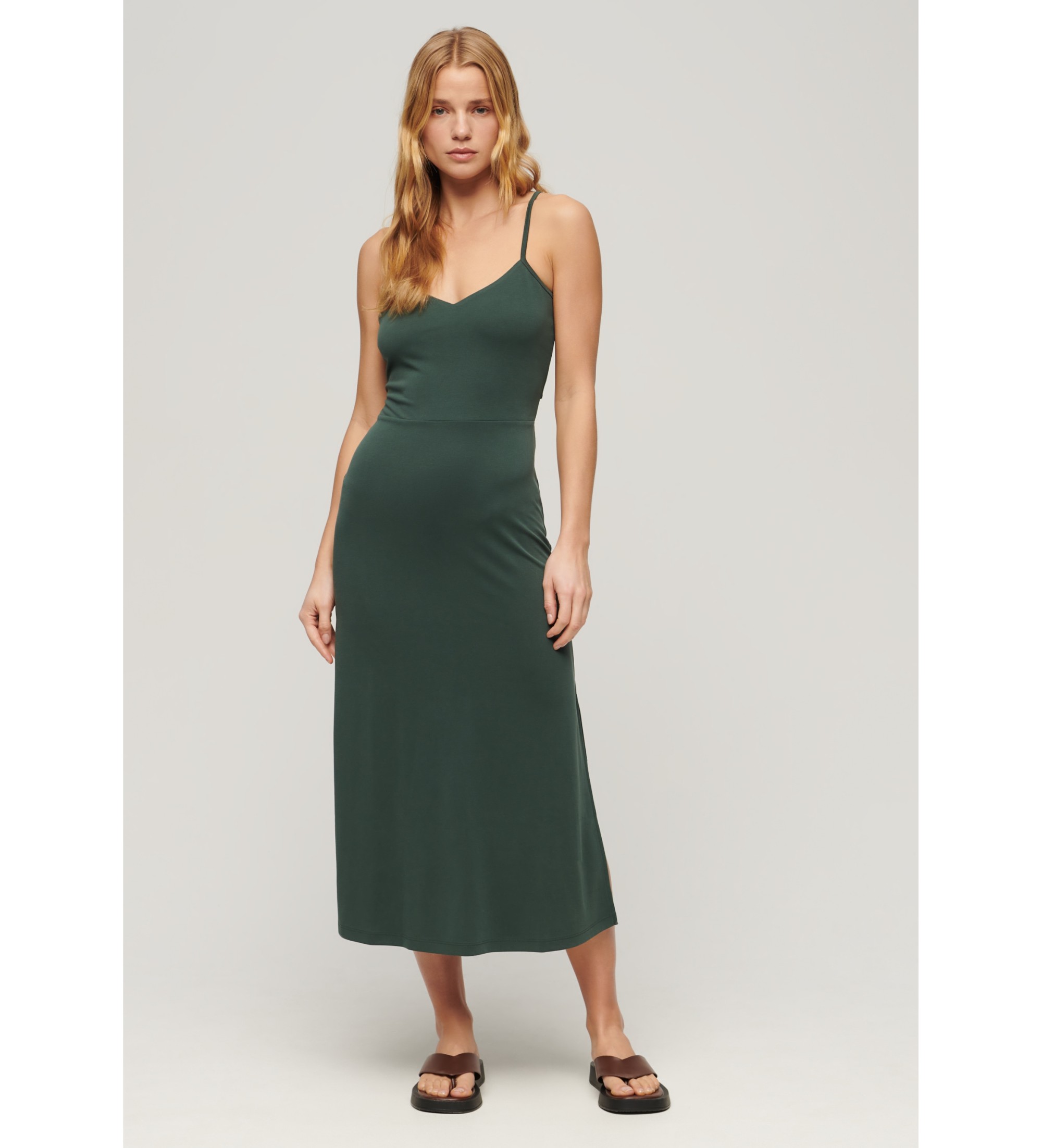 Superdry für Damen. W8011419A Grünes Strickkleid mit offenem Rücken (XL), Lässig, Viskose, Modal, Ärmellos / Hosenträger