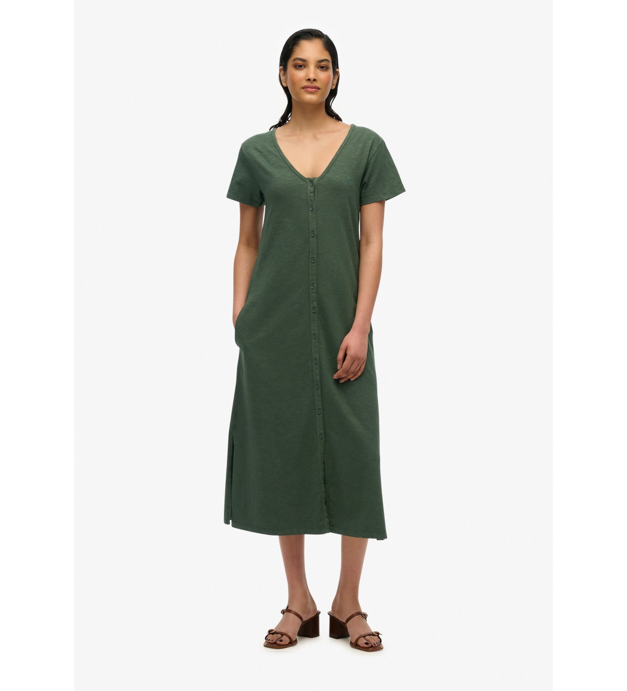 Superdry für Damen. W8011860A Grünes Midi-Strickkleid (XS), Lässig, Baumwolle, Kurzarm
