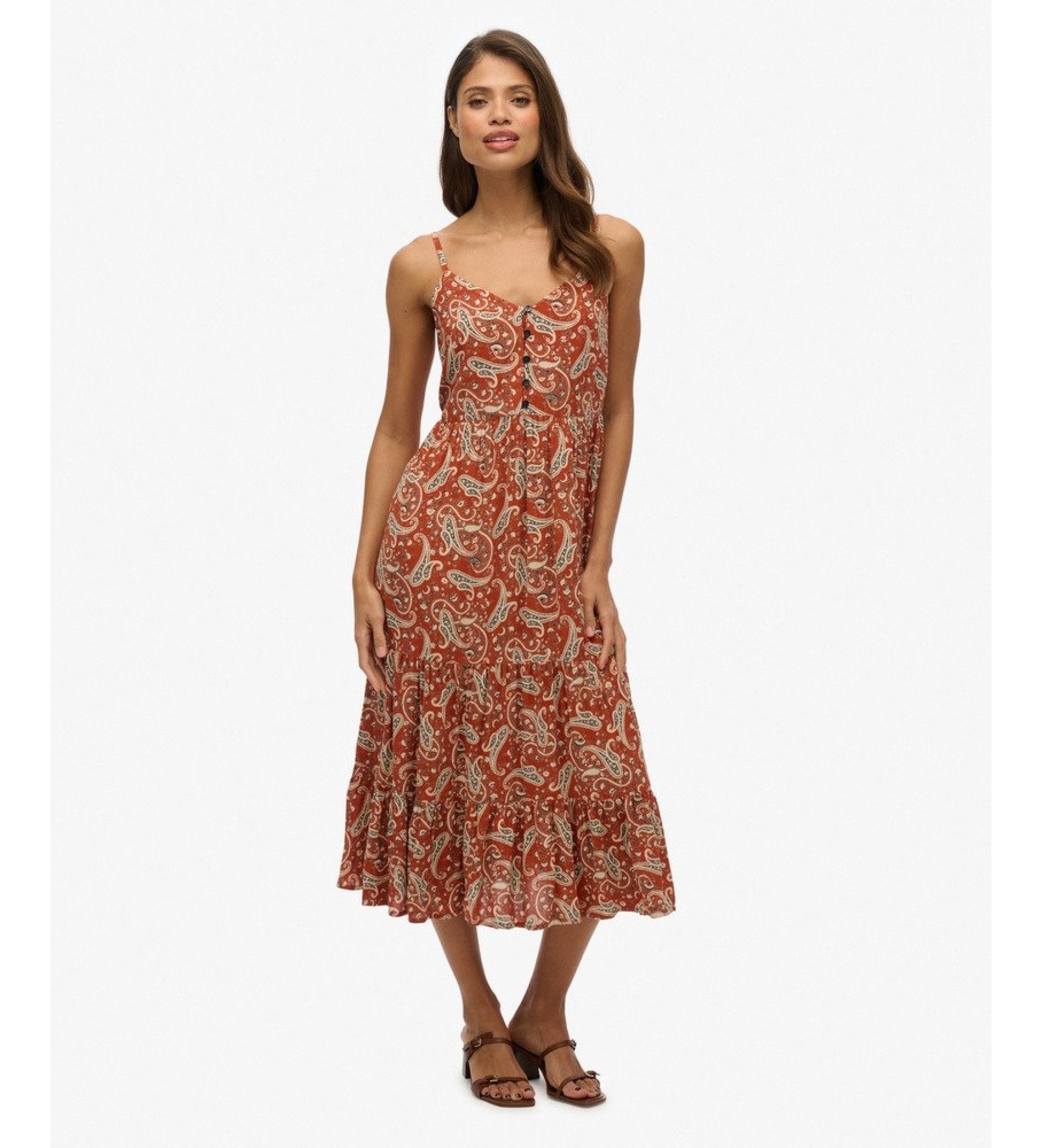 Superdry für Damen. W8012030A Braunes Half-Tiered-Kleid (M), Lässig, Viskose, Ärmellos / Hosenträger
