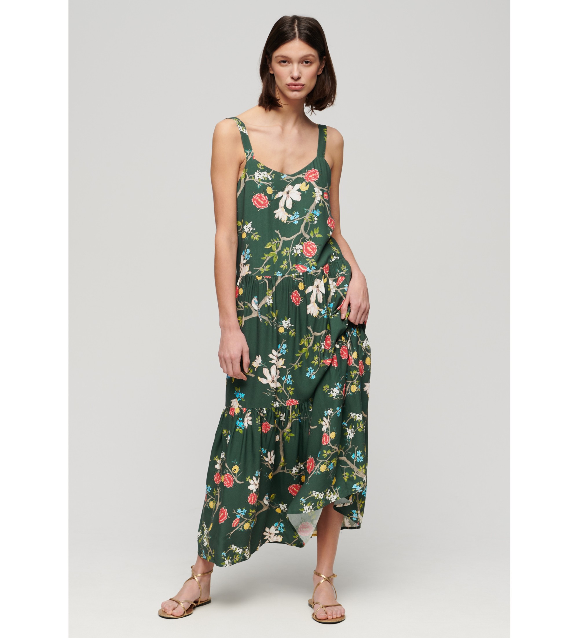 Superdry für Damen. W8011725A Langes Stufenkleid aus grünem Stoff (S), Lässig, Viskose, Ärmellos / Hosenträger