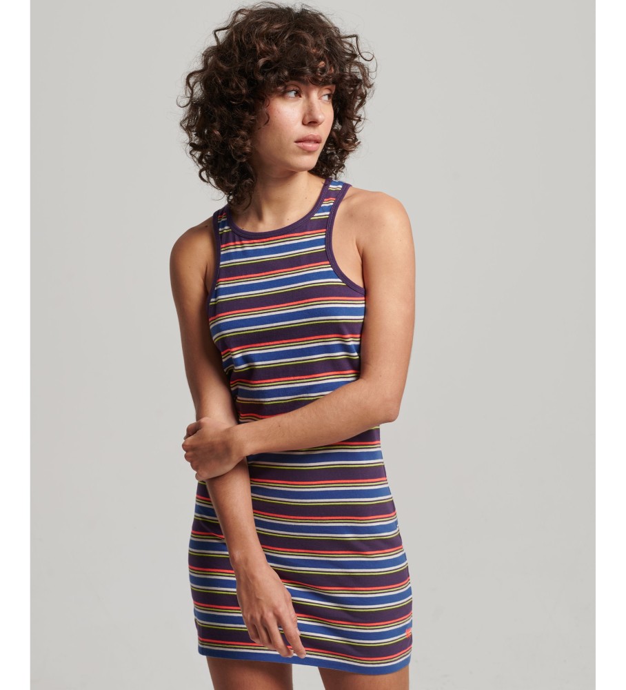 Superdry für Damen. W8011412A Vintage Stripe Racer Logo Kleid braun (L), Lässig, Flieder, Ärmellos / Hosenträger, Bio-Baumwolle, Nachhaltig