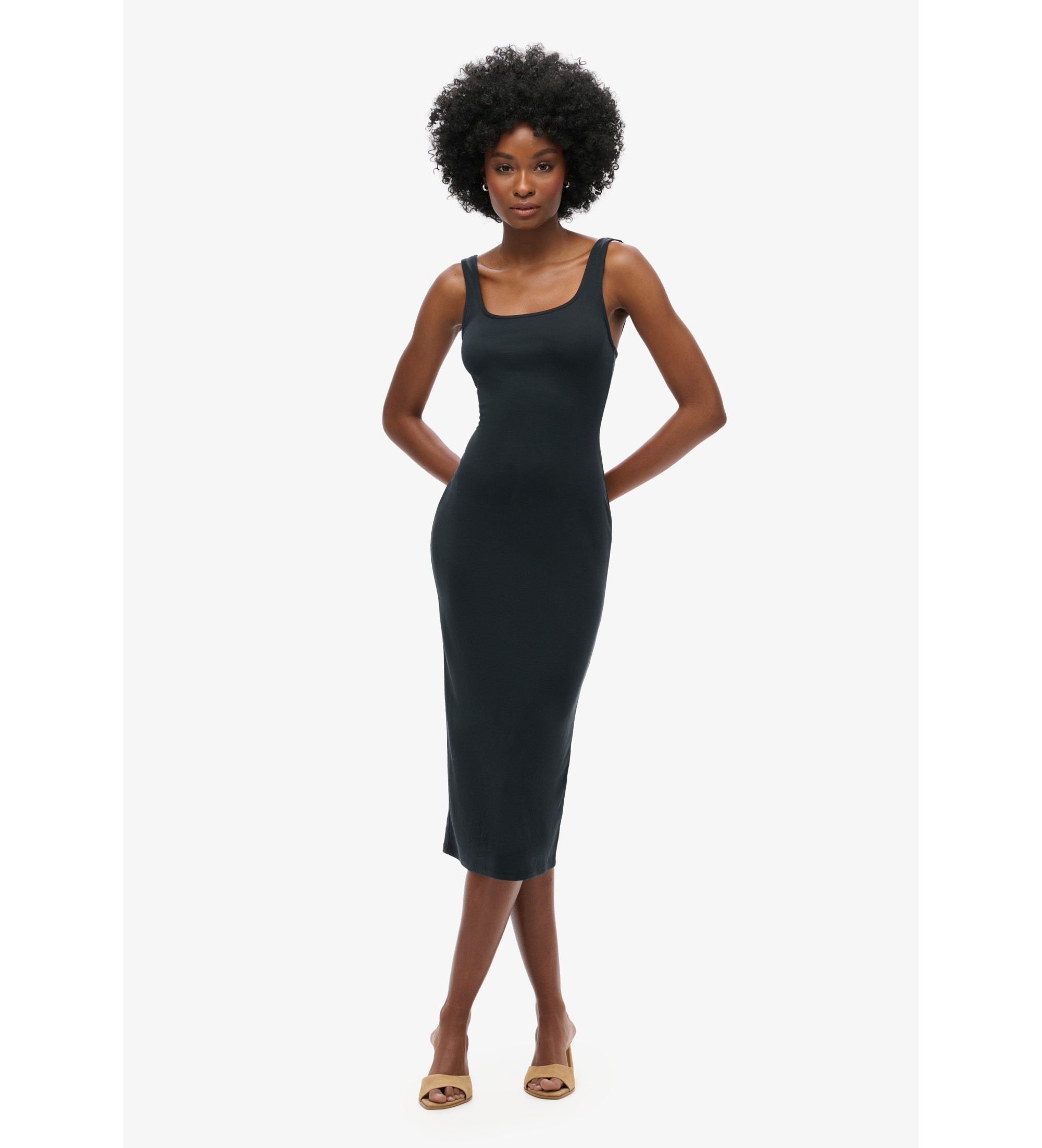 Superdry für Damen. W8011461A Gestricktes Midikleid mit schwarzem Karree-Ausschnitt (L), Lässig, Party, Modal, Ärmellos / Hosenträger
