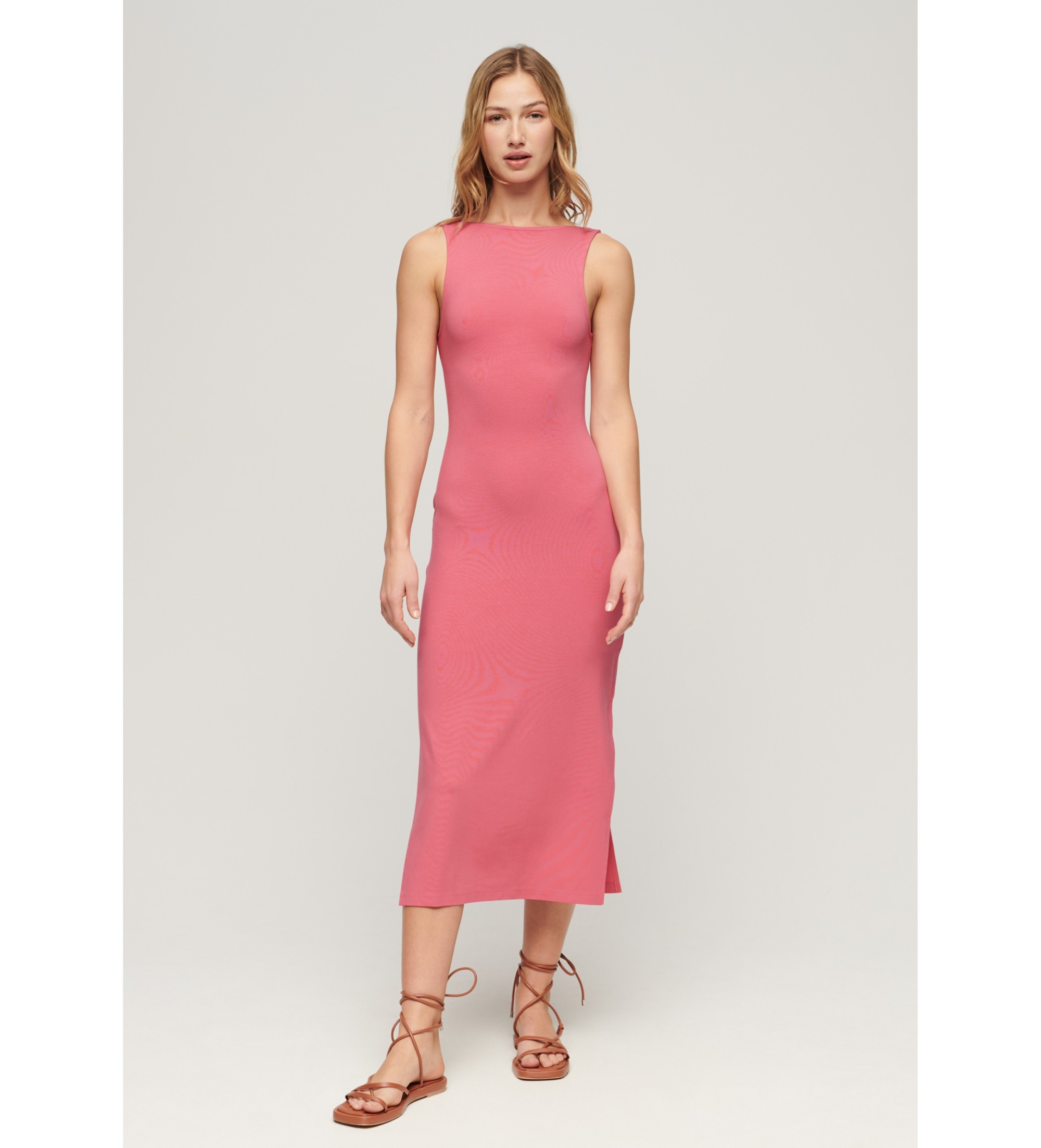 Superdry für Damen. W8011612A Gestricktes Midikleid mit rosafarbenem Criss-Cross-Rücken (XS), Lässig, Viskose, Ärmellos / Hosenträger