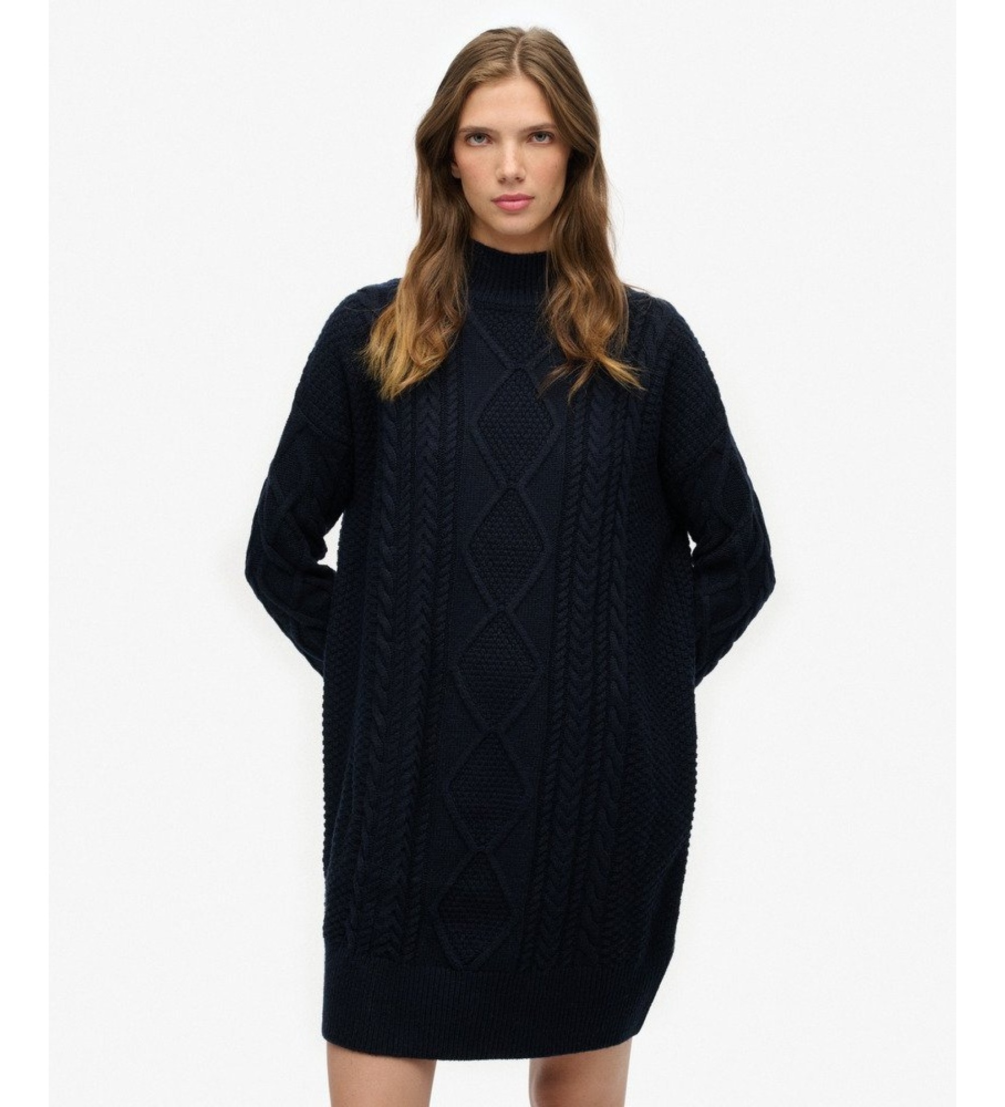 Superdry für Damen. W8012130A Slouchy Cable Kleid marineblau (L), Lässig, Baumwolle, Langarm