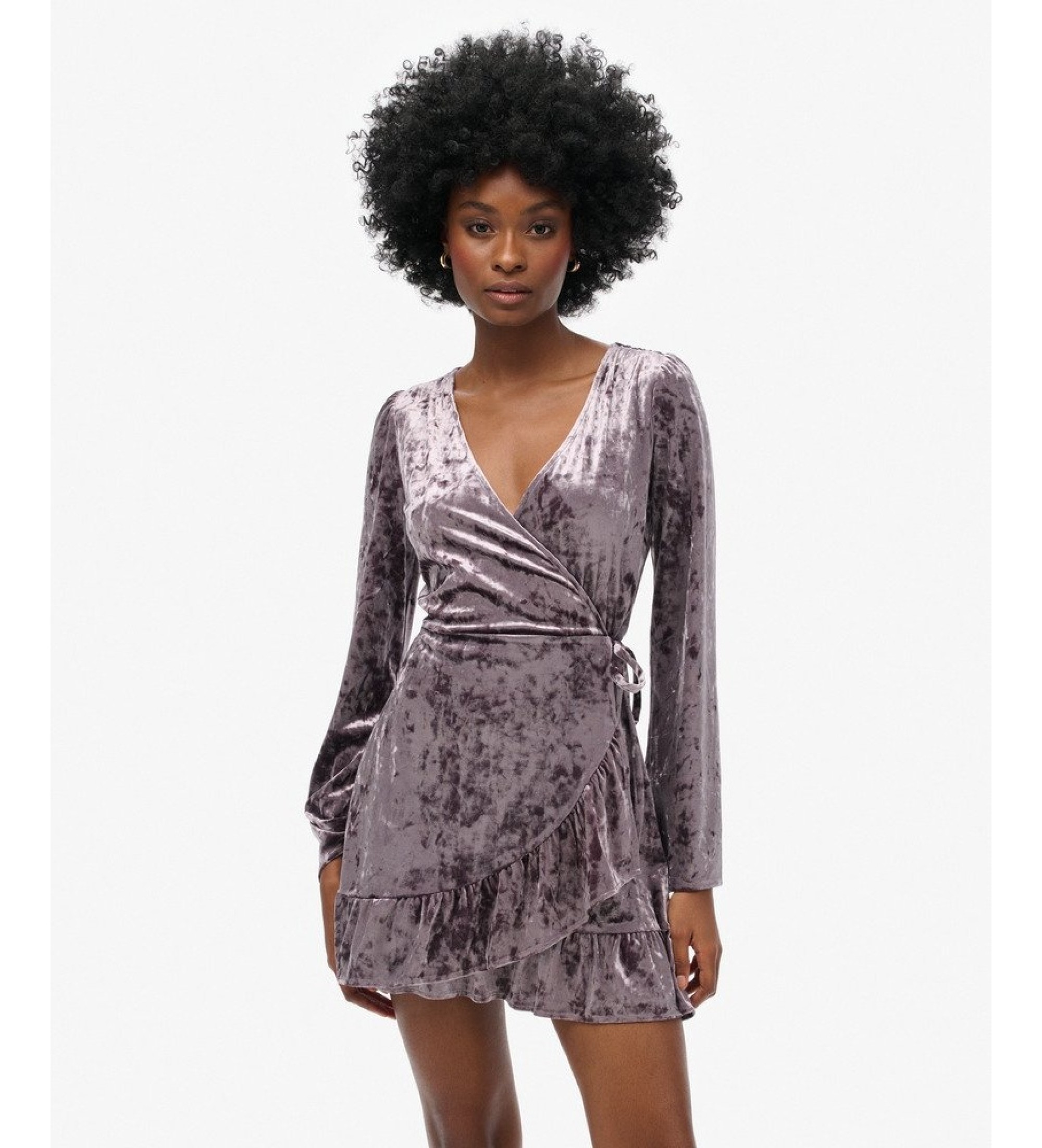 Superdry für Damen. W8011964A Graues ?Velvet Wrap?-Kleid (L), Lässig, Party, Samt, Langarm