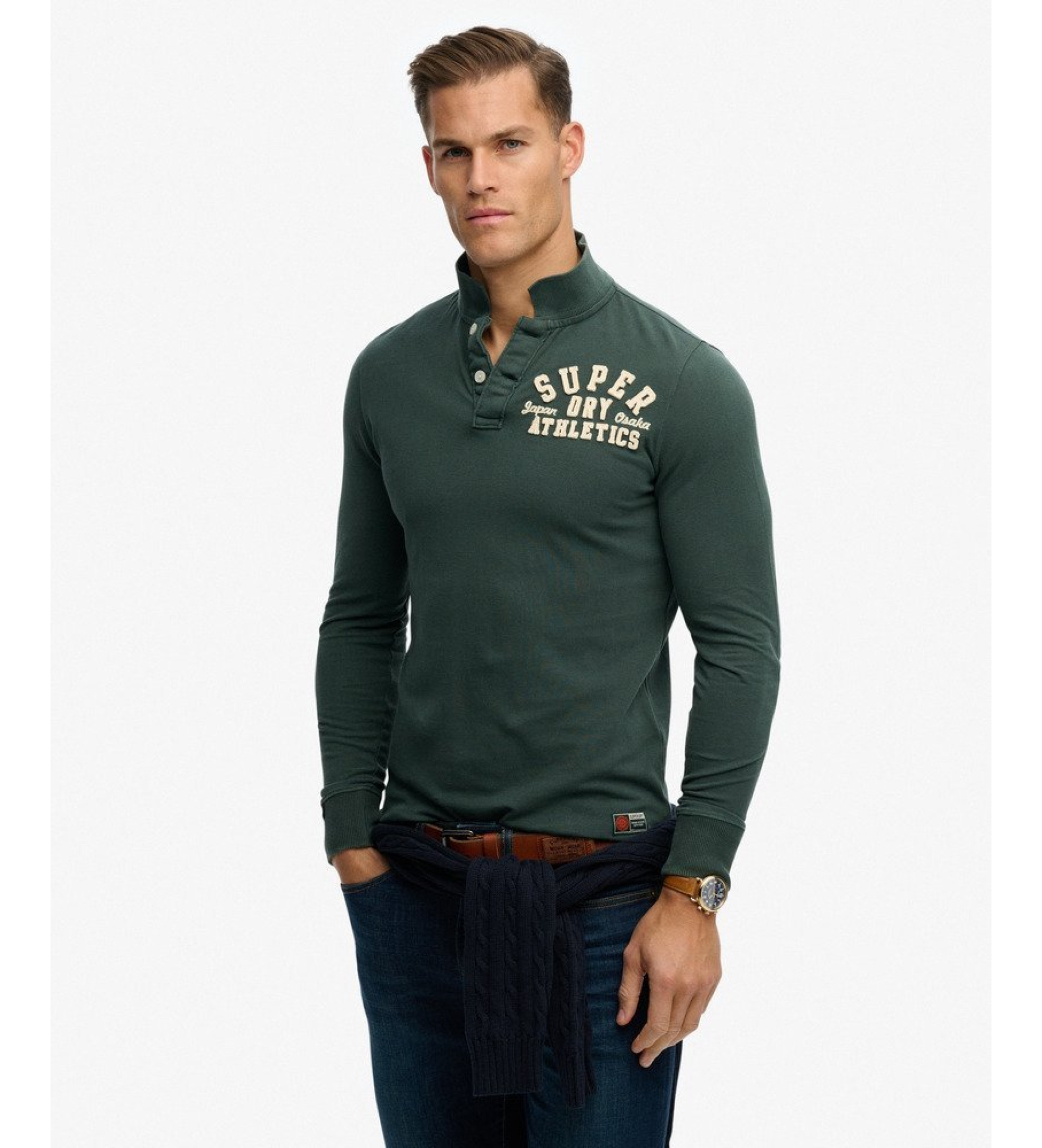 Superdry für Herren. M1110435A Vintage Athletic grünes Poloshirt (XXL), Lässig, Baumwolle, Langarm