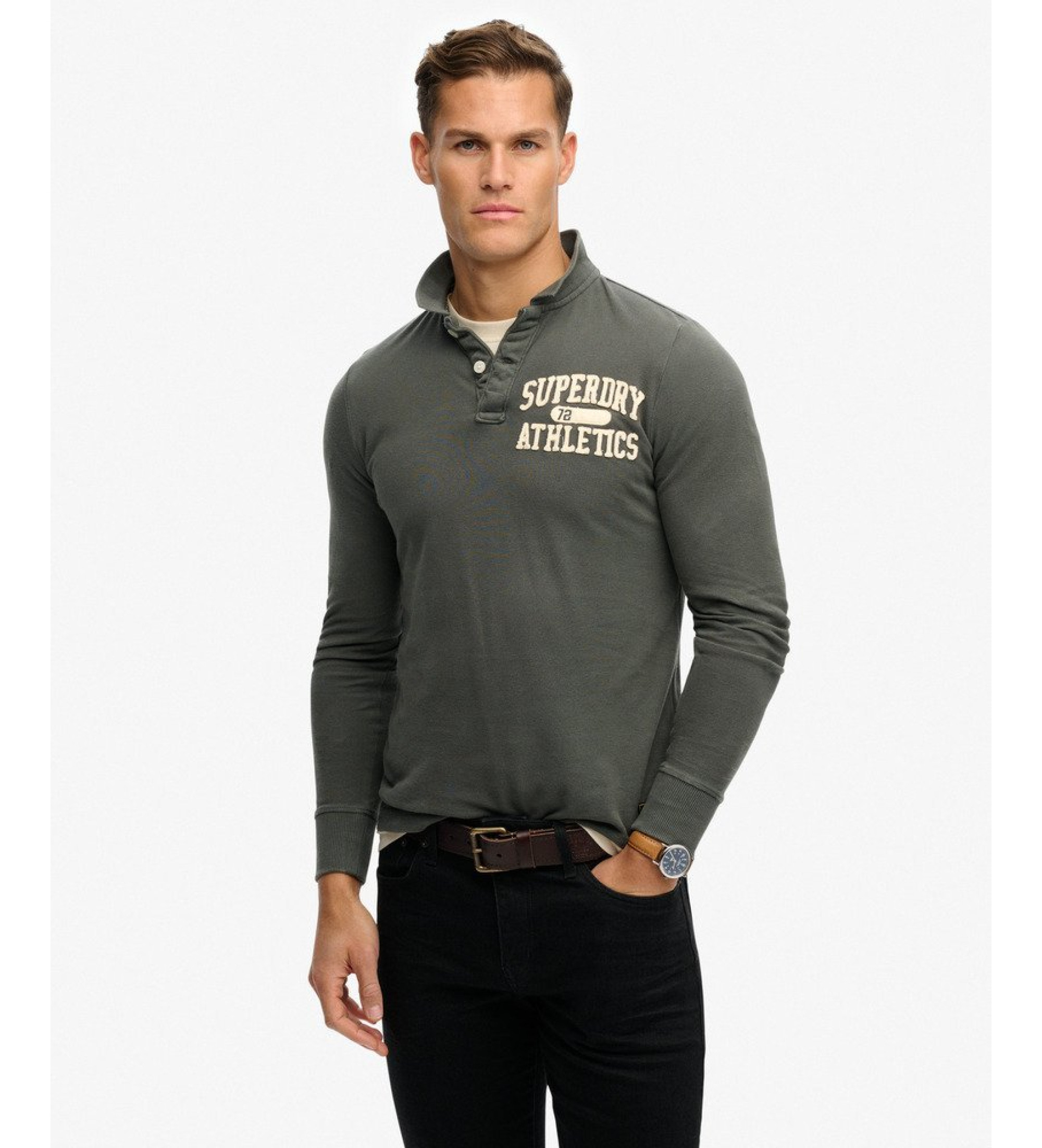 Superdry für Herren. M1110435A Graues Vintage-Poloshirt von Athletic (XL), Lässig, Baumwolle, Langarm
