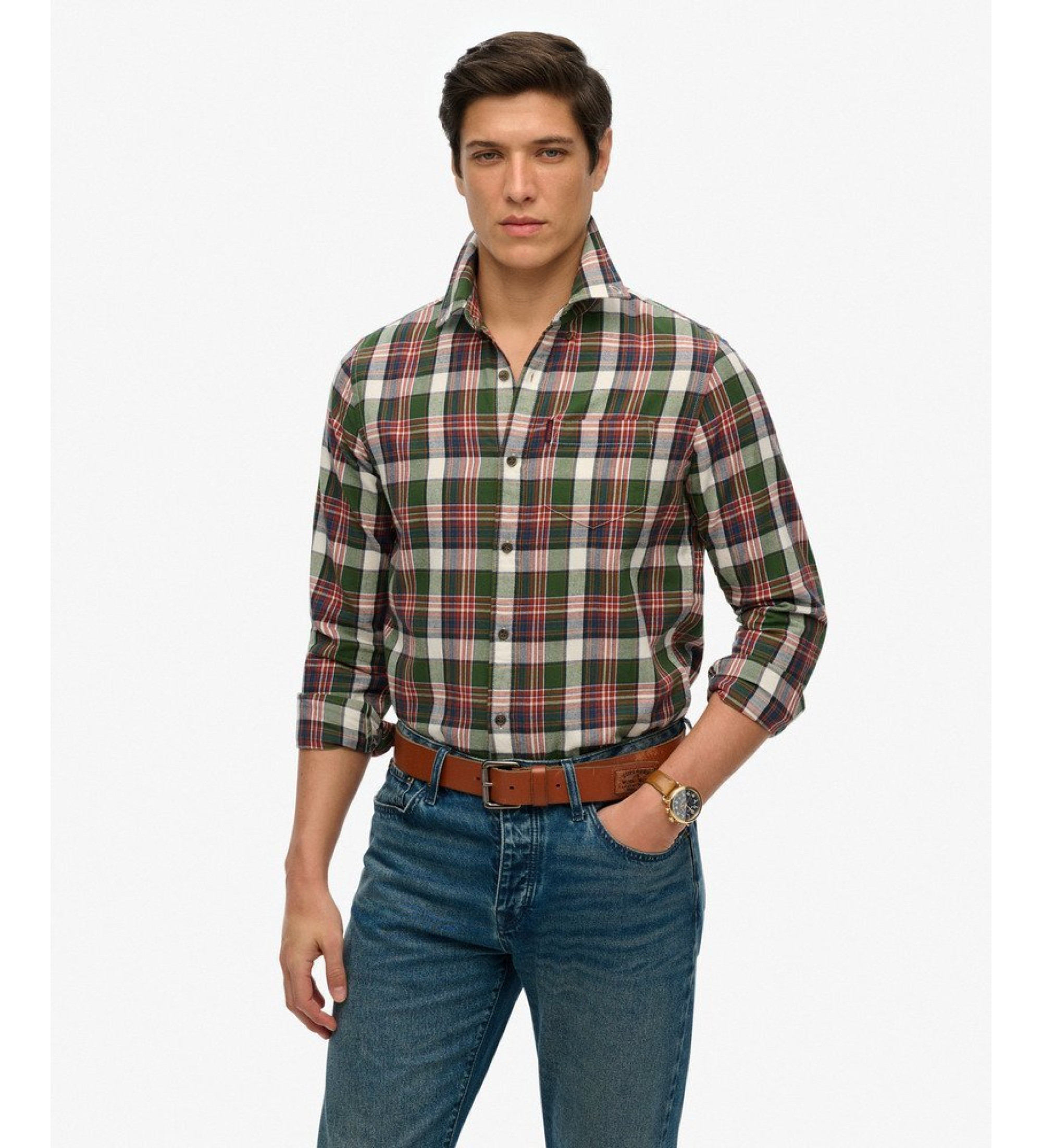 Superdry für Herren. M4010737A Vintage Karohemd grün (S), Lässig, Baumwolle, Langarm