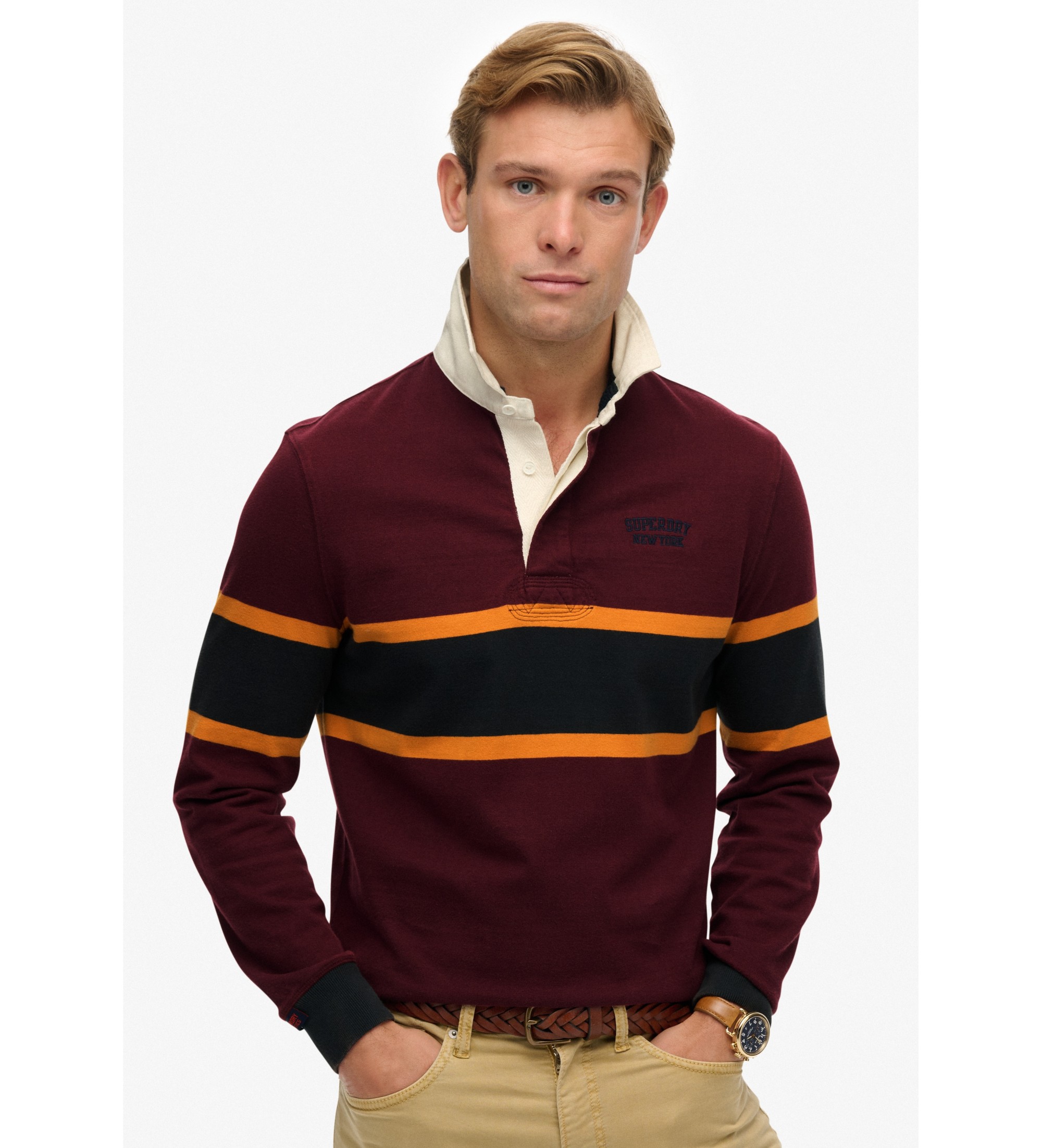 Superdry für Herren. M6010909A PoloVintage Athletic Stripe Rugby kastanienbraun (S), Lässig, Baumwolle, Langarm