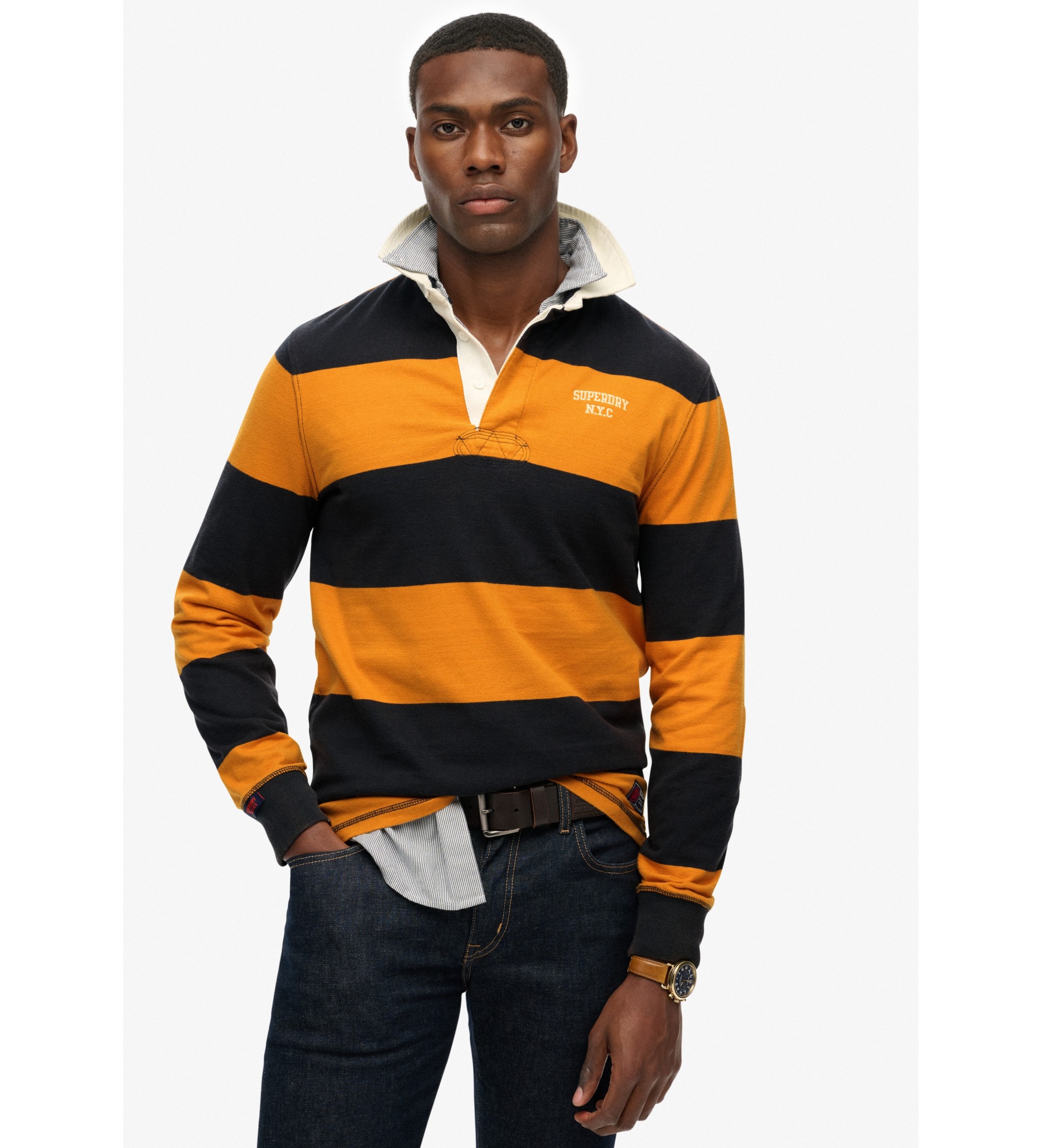 Superdry für Herren. M6010909A Polo Vintage Athletic Stripe Rugby orange (S), Lässig, Baumwolle, Langarm