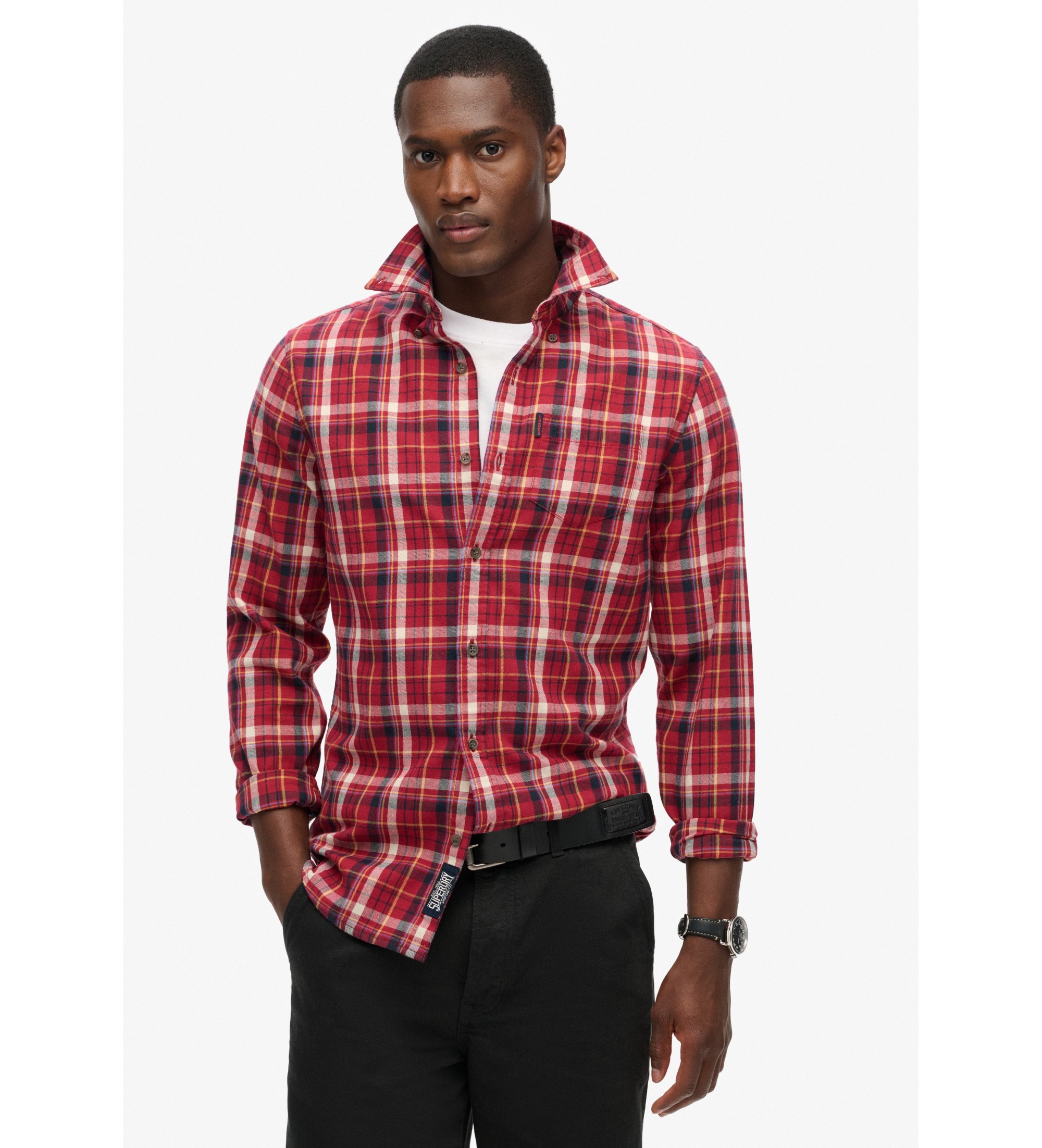 Superdry für Herren. M4010737A Bio-Baumwollhemd aus rot karierter Vintage-Baumwolle (L), Lässig, Langarm, Bio-Baumwolle, Nachhaltig