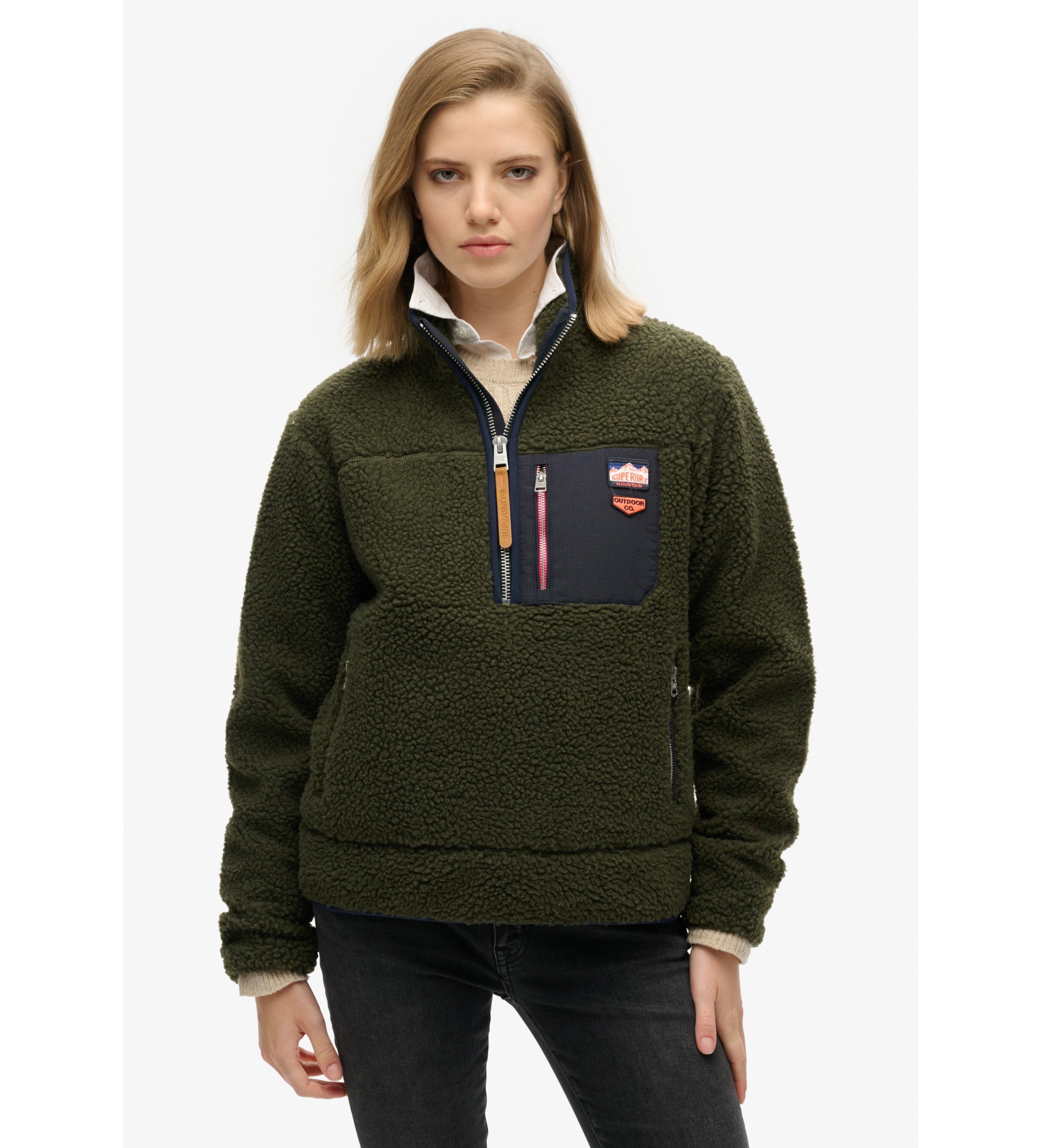 Superdry für Damen. W2012343A Vintage Retro halber Reißverschluss Fleece grün (S), Lässig, Polyester